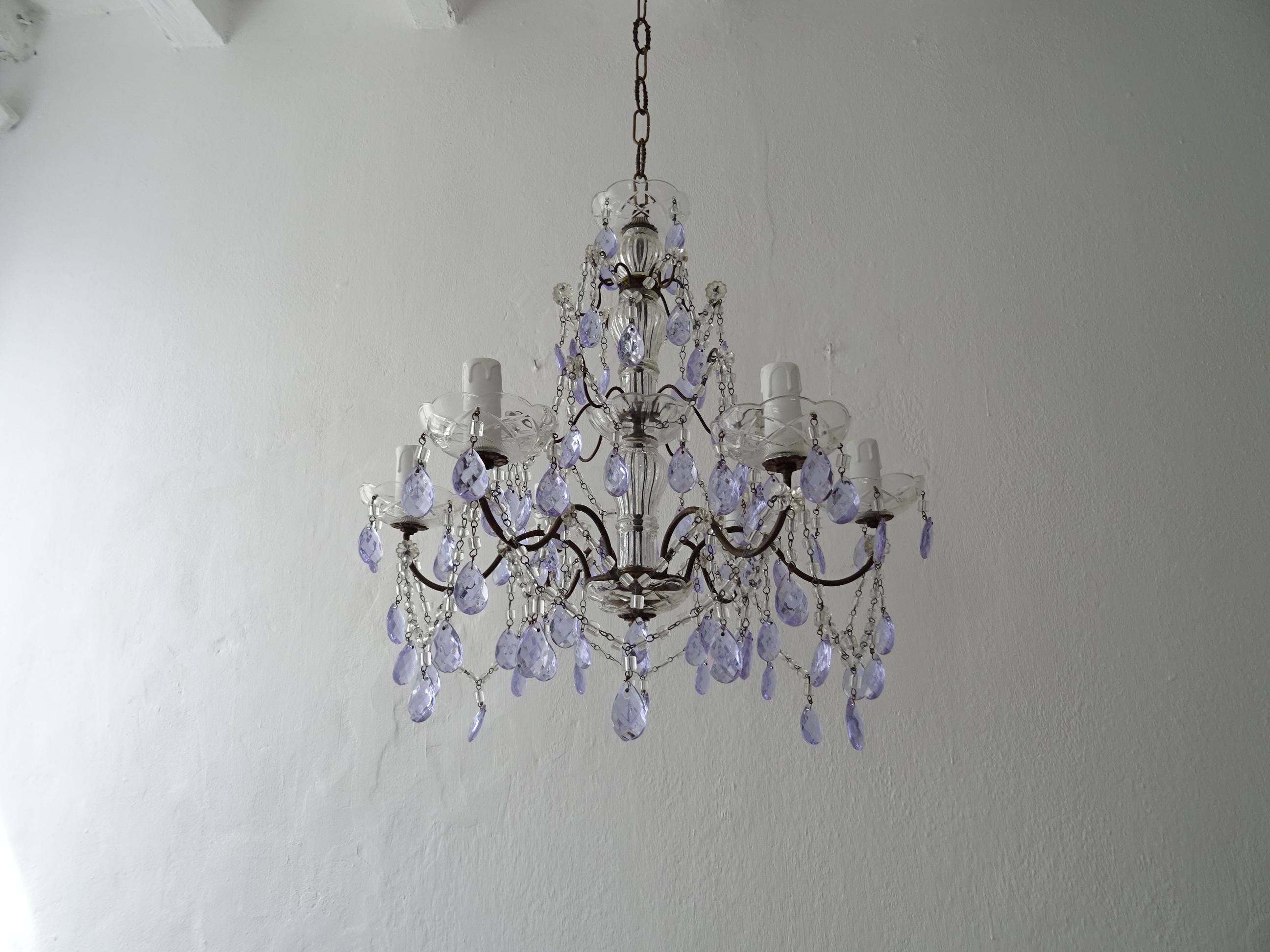 Early 20th Century French Rare Lavender Purple Crystal Prisms Murano Chandelier, circa 1920 For Sale