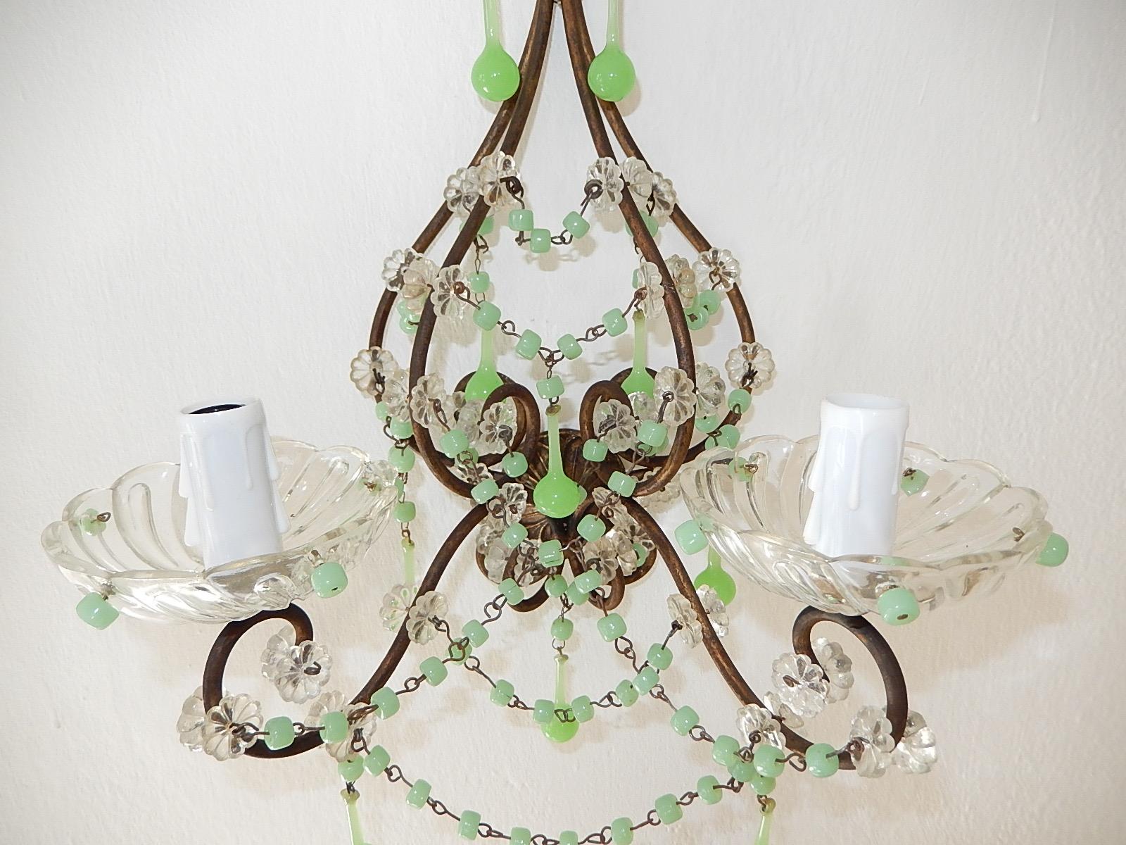 French Rare One of a Kind Green Opaline Sconces, circa 1920 For Sale 5
