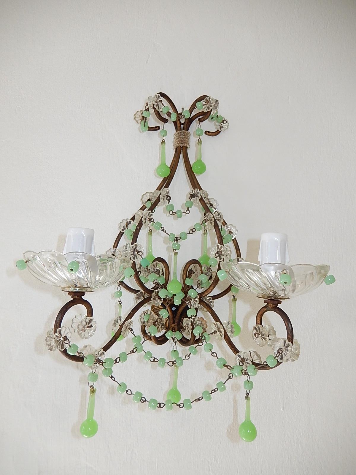 Early 20th Century French Rare One of a Kind Green Opaline Sconces, circa 1920 For Sale
