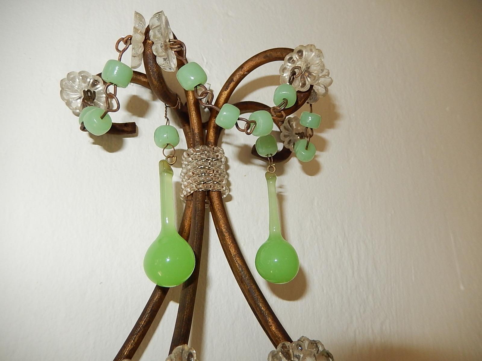 Crystal French Rare One of a Kind Green Opaline Sconces, circa 1920 For Sale