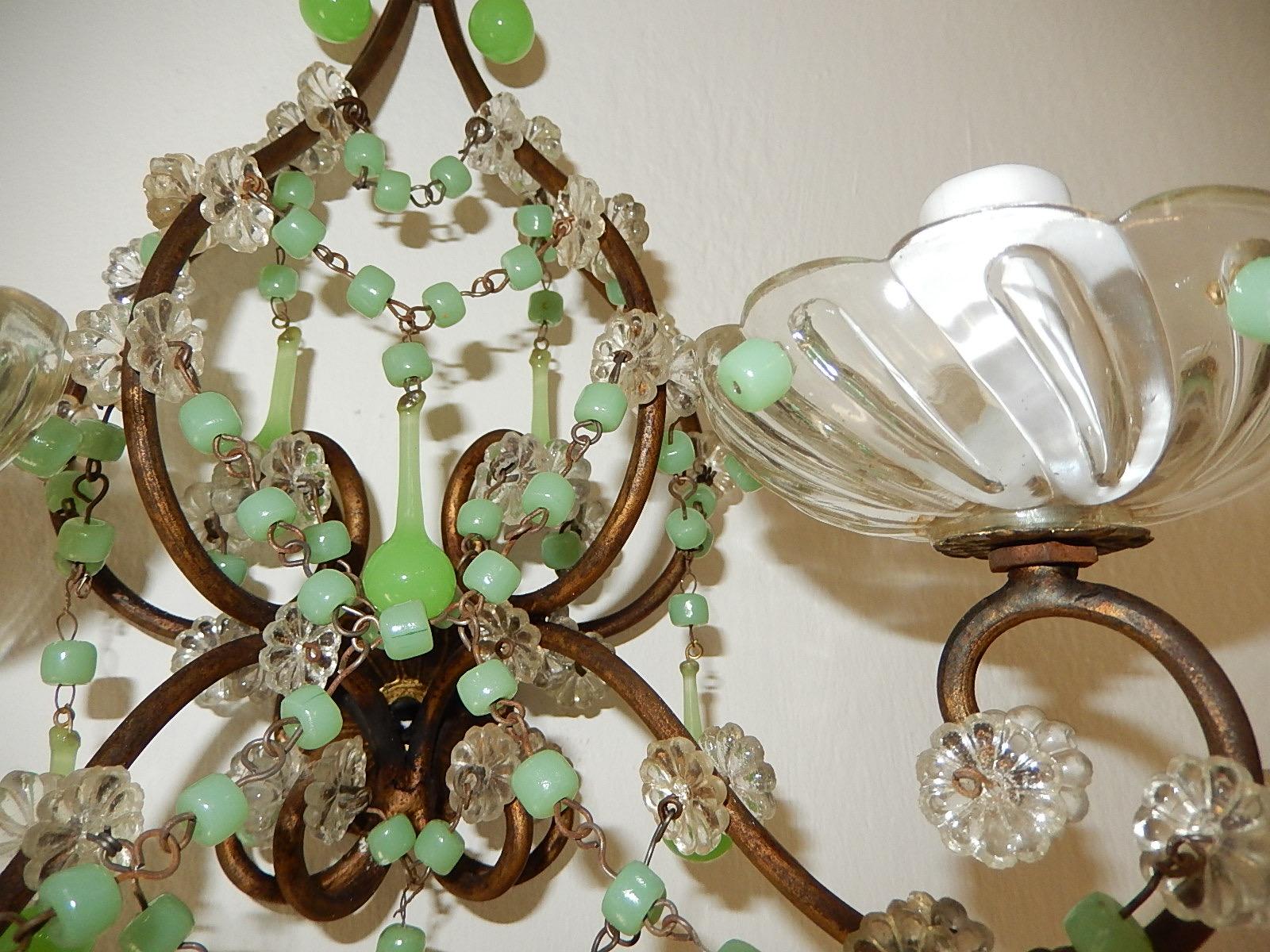 French Rare One of a Kind Green Opaline Sconces, circa 1920 For Sale 1