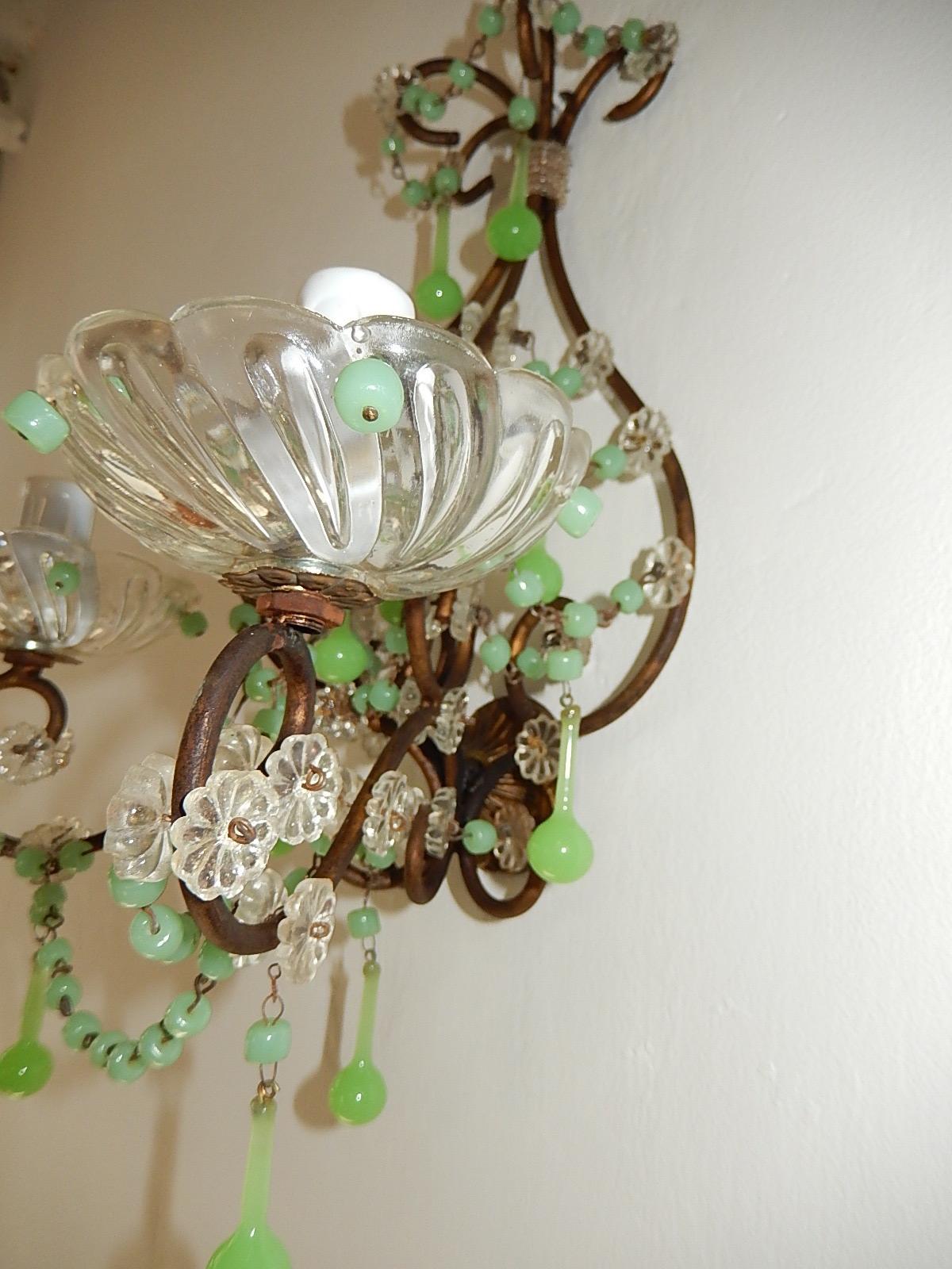 French Rare One of a Kind Green Opaline Sconces, circa 1920 For Sale 3