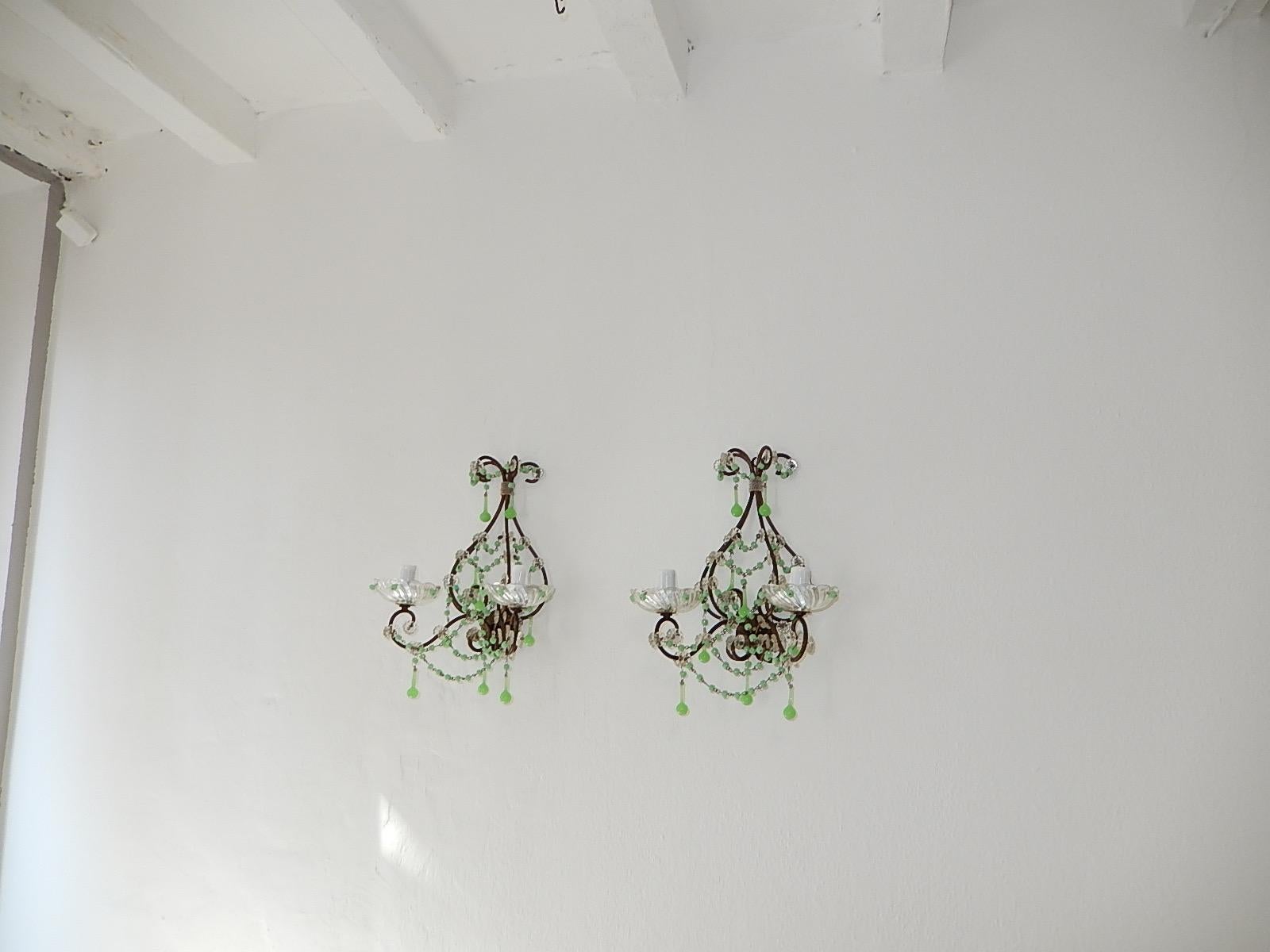 French Rare One of a Kind Green Opaline Sconces, circa 1920 For Sale 4