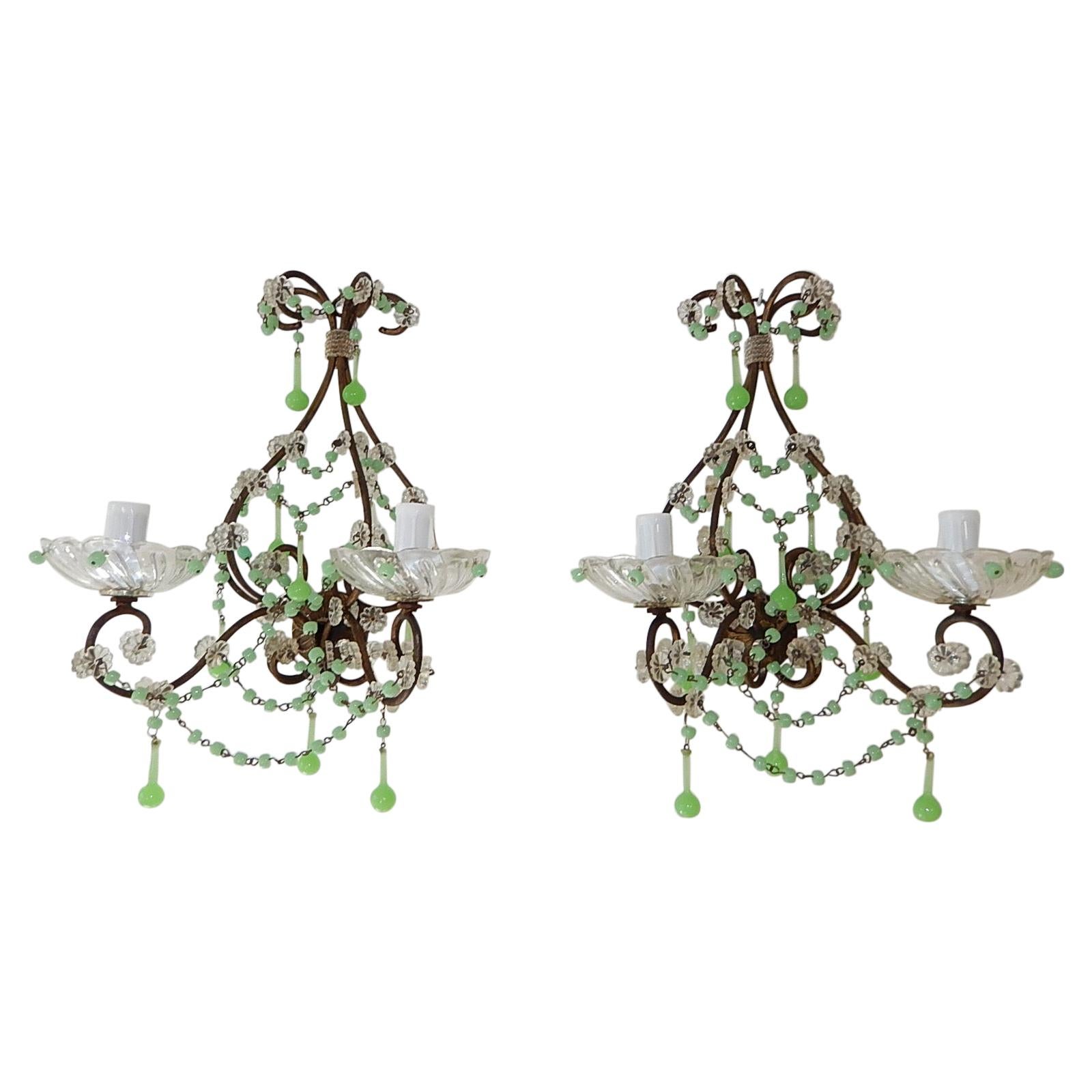 French Rare One of a Kind Green Opaline Sconces, circa 1920 For Sale