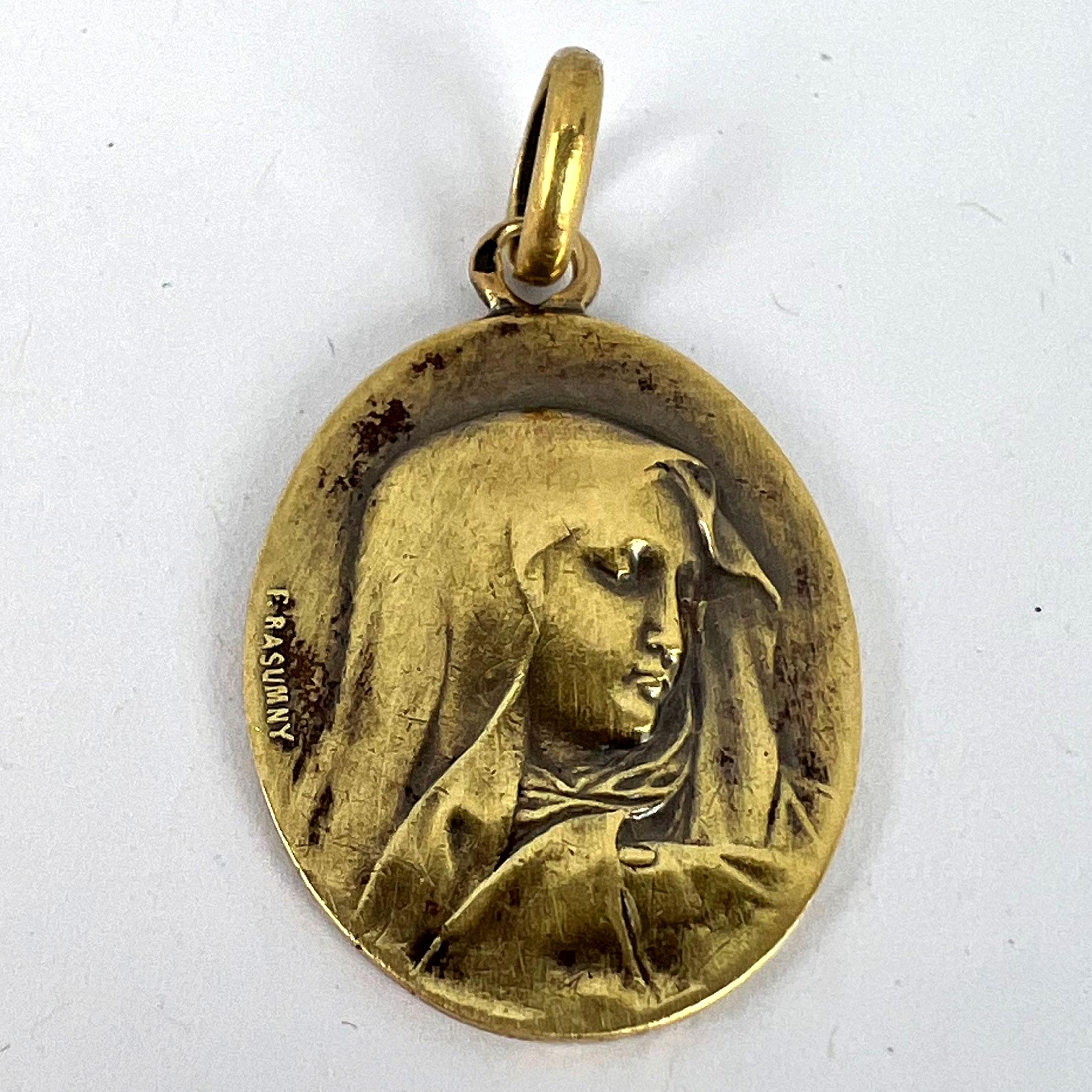 French Rasumny 18K Yellow Gold Virgin Mary Charm Pendant Medal For Sale 8