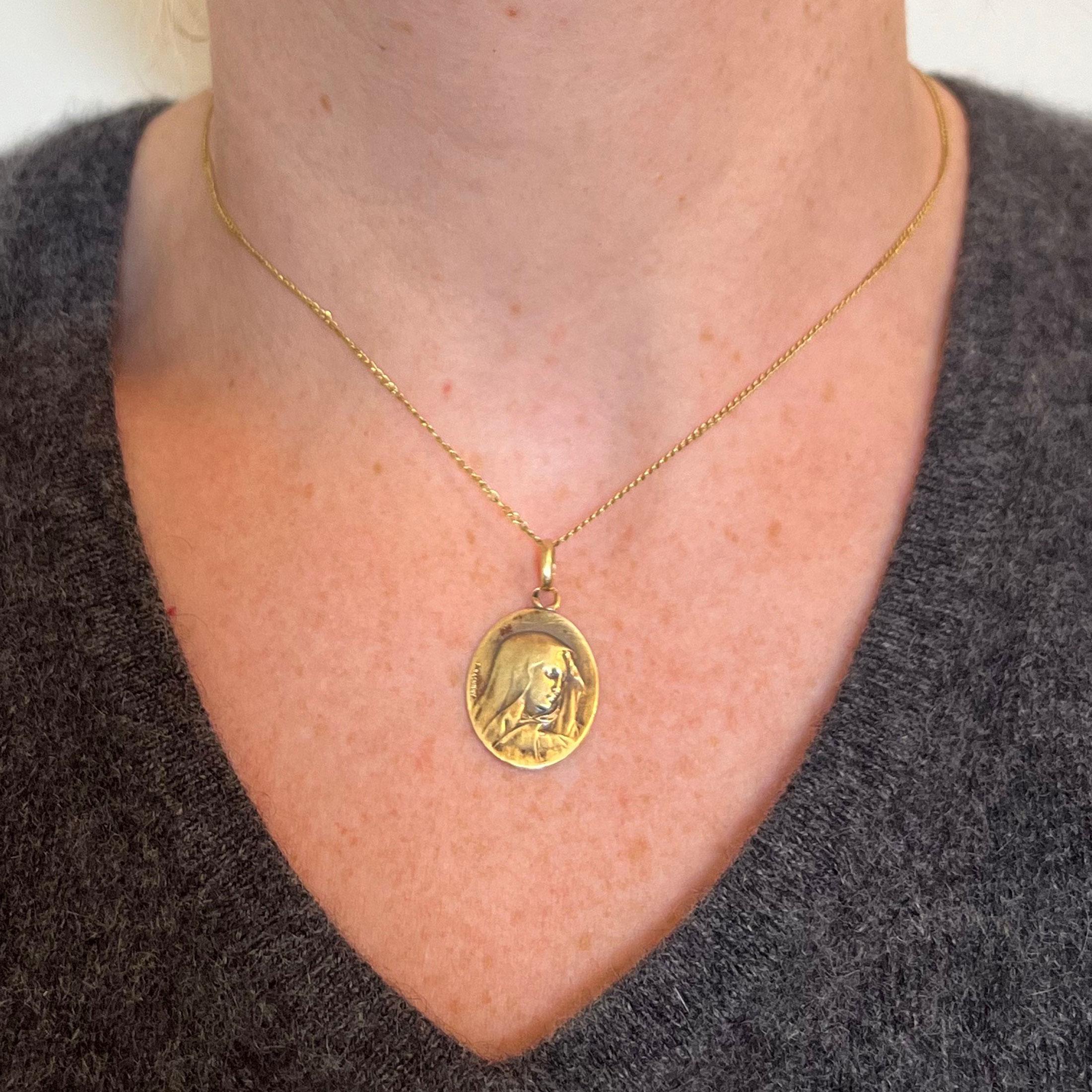 Women's or Men's French Rasumny 18K Yellow Gold Virgin Mary Charm Pendant Medal For Sale