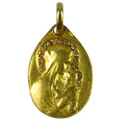 French Rasumny Madonna and Child 18k Yellow Gold Diamond Charm Pendant