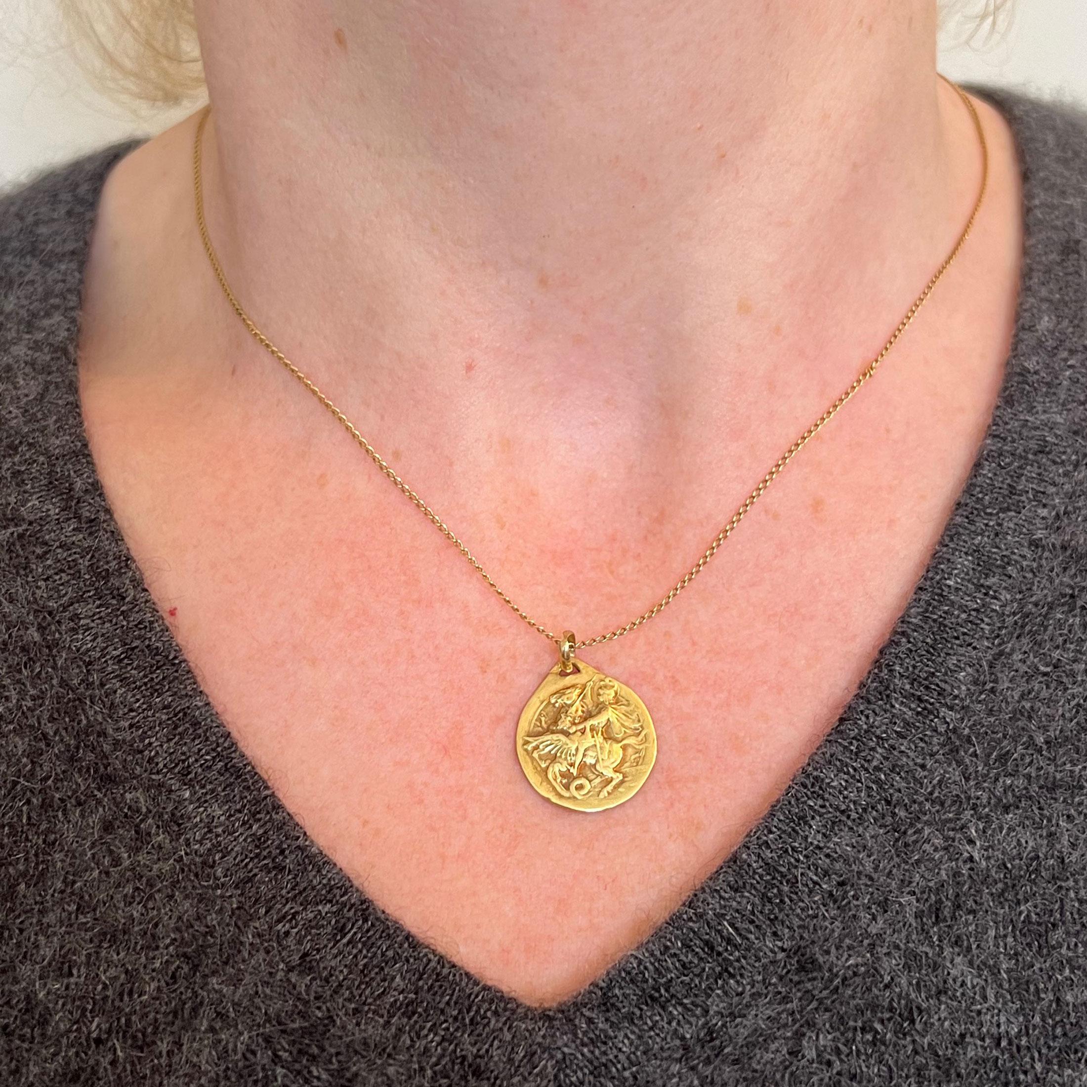 Women's or Men's French Rasumny St George Tempestate Securitas 18K Yellow Gold Medal Pendant