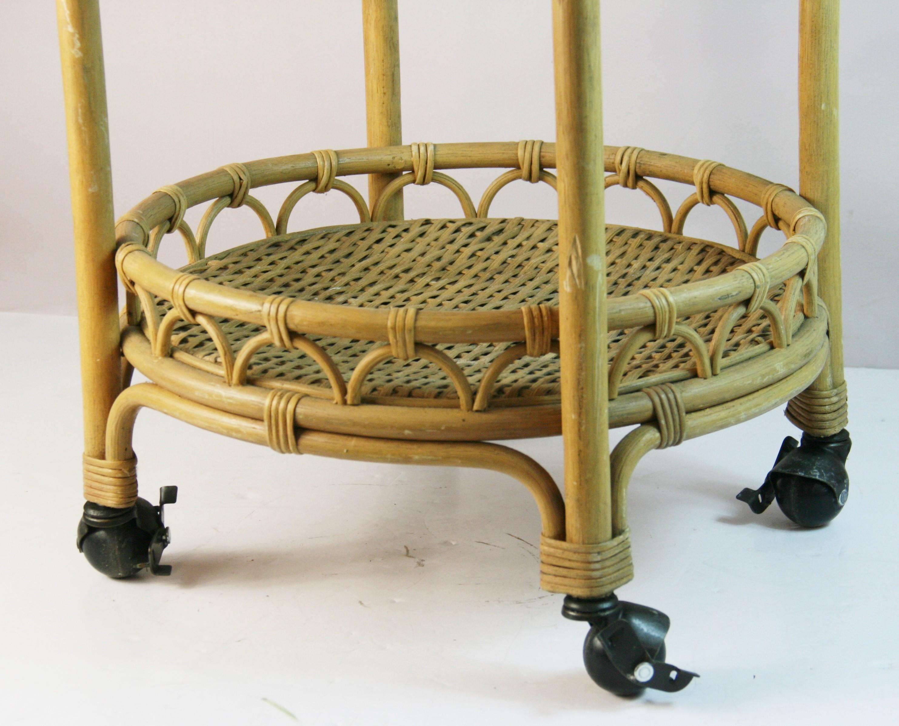 French Rattan an Wicker Rolling Bar Cart For Sale 1
