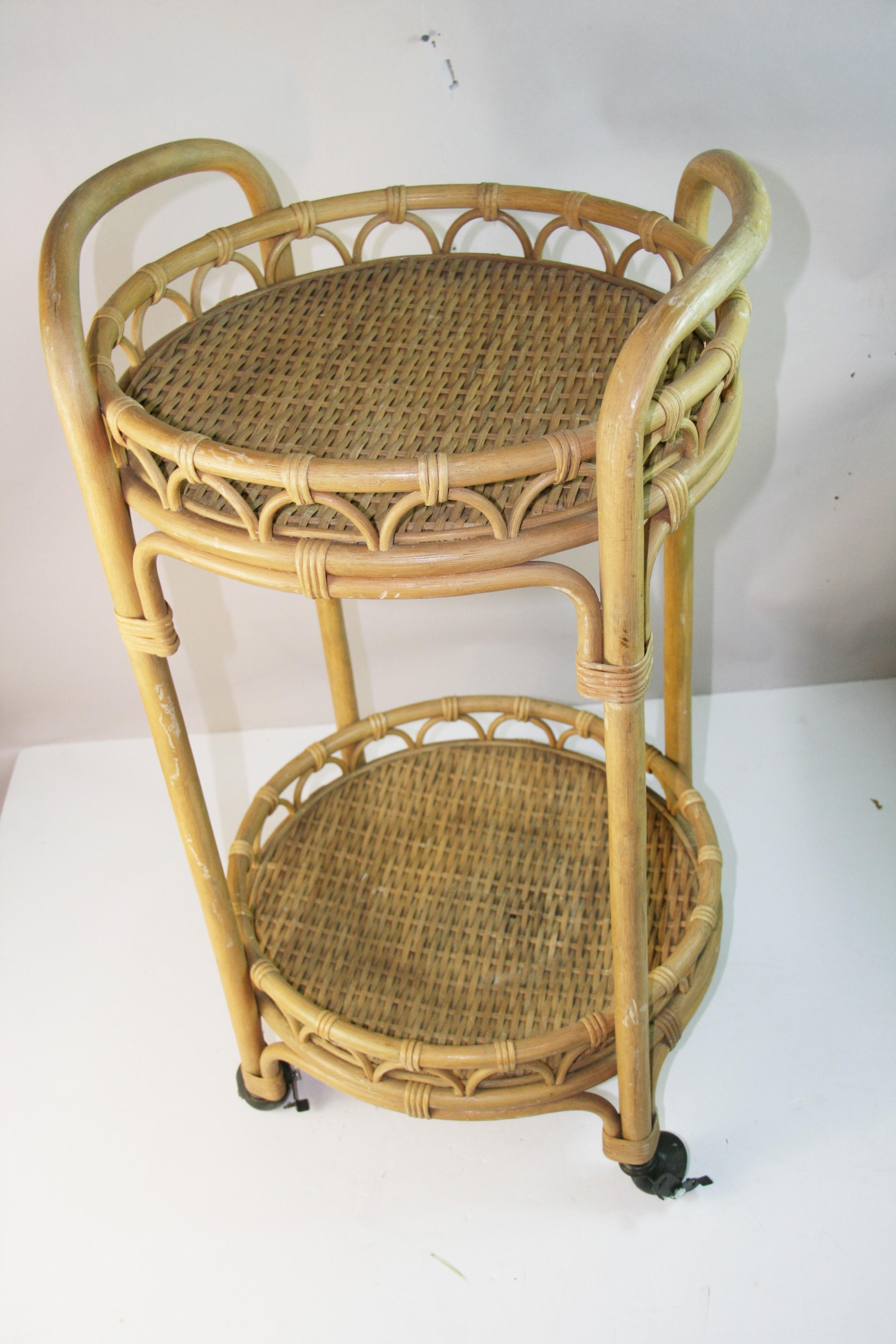 French Rattan an Wicker Rolling Bar Cart For Sale 2