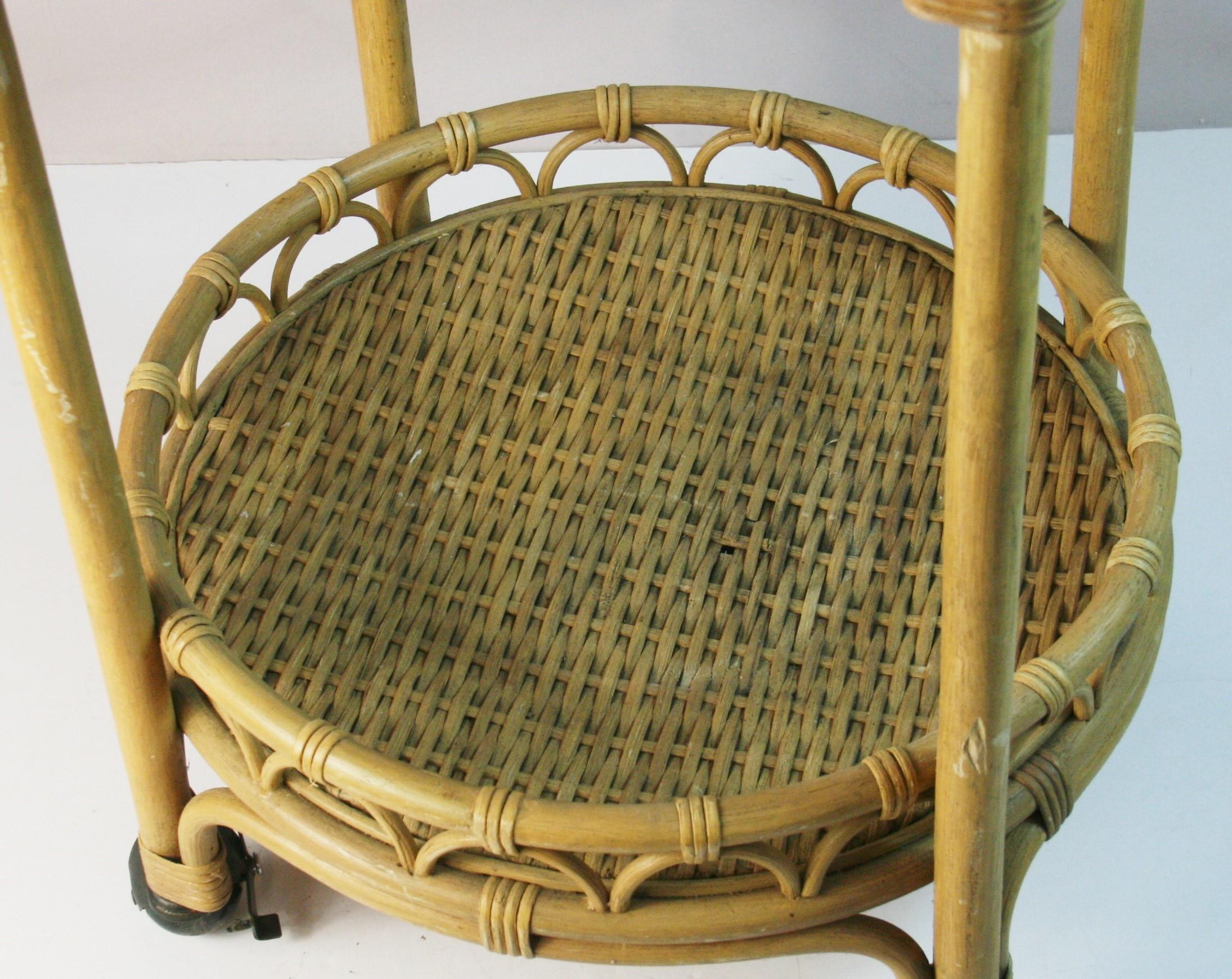 French Rattan an Wicker Rolling Bar Cart For Sale 4