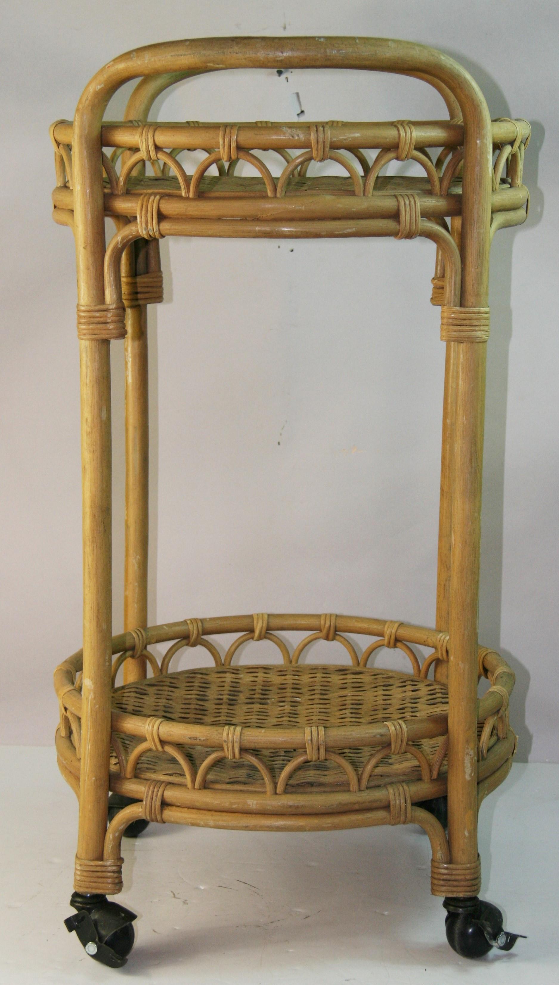 French Rattan an Wicker Rolling Bar Cart For Sale 5