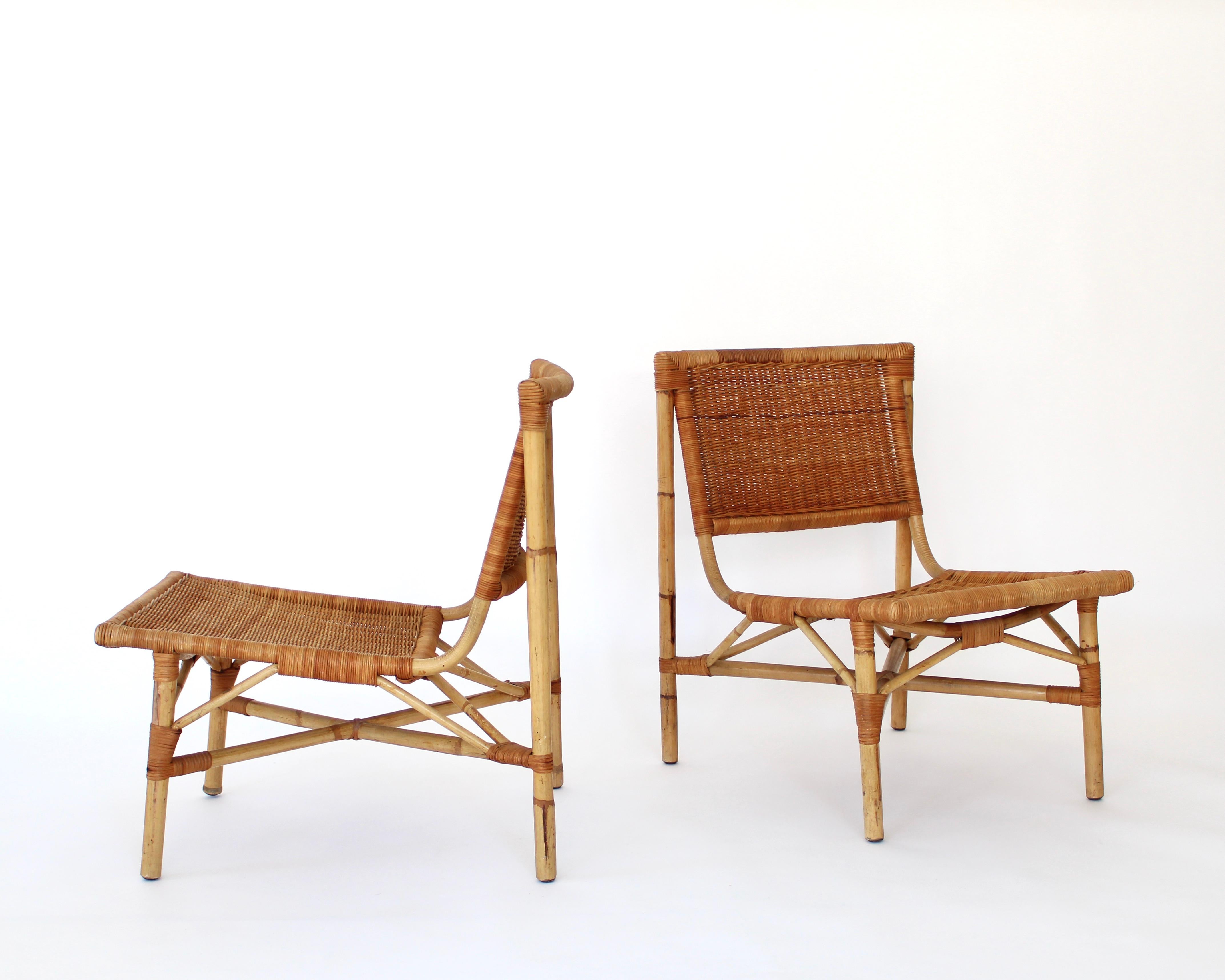 Jacques Dumond French Rattan and Bamboo Low Lounge Chairs  For Sale 5