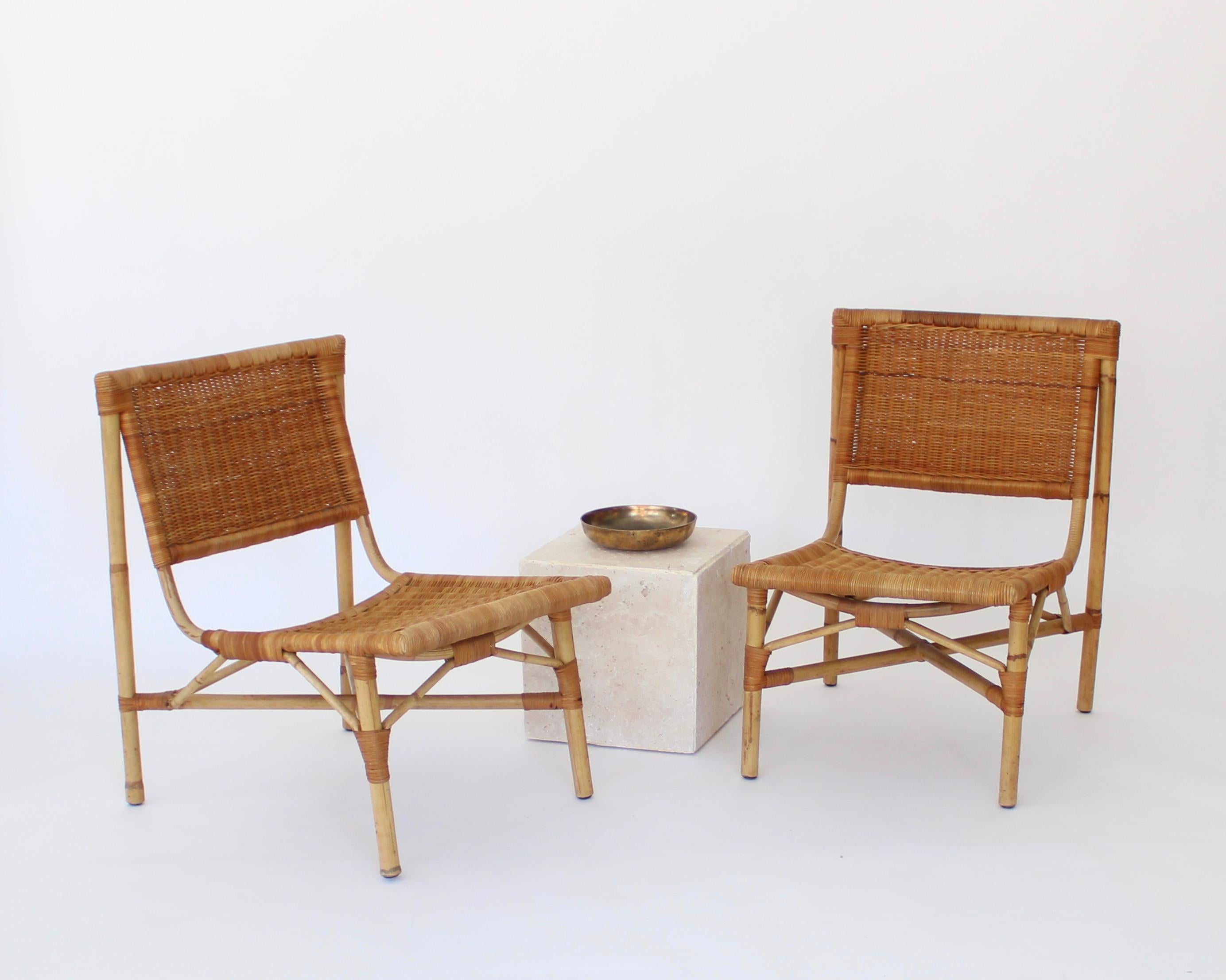 Jacques Dumond French Rattan and Bamboo Low Lounge Chairs  For Sale 9