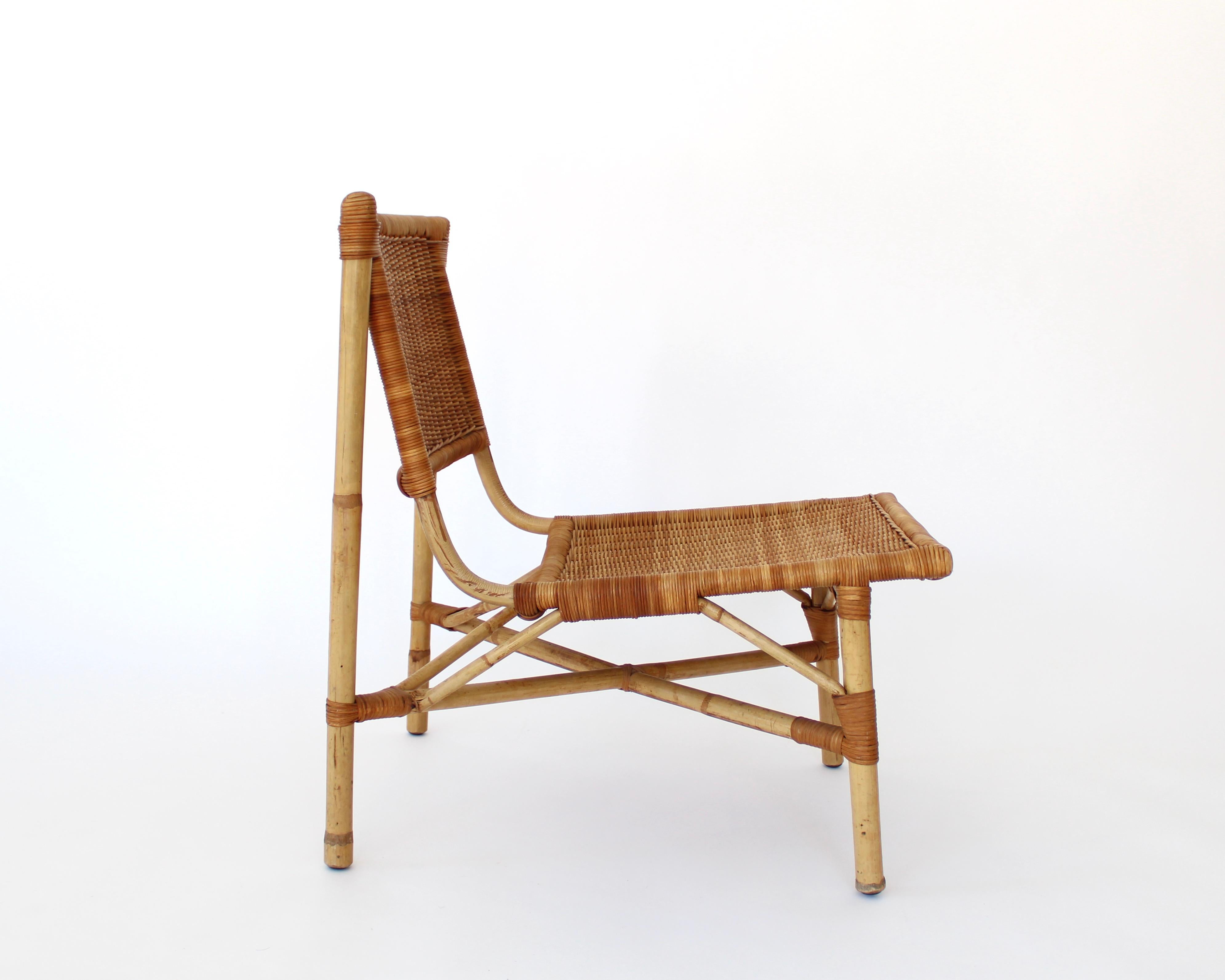 Mid-Century Modern Jacques Dumond French Rattan and Bamboo Low Lounge Chairs  For Sale