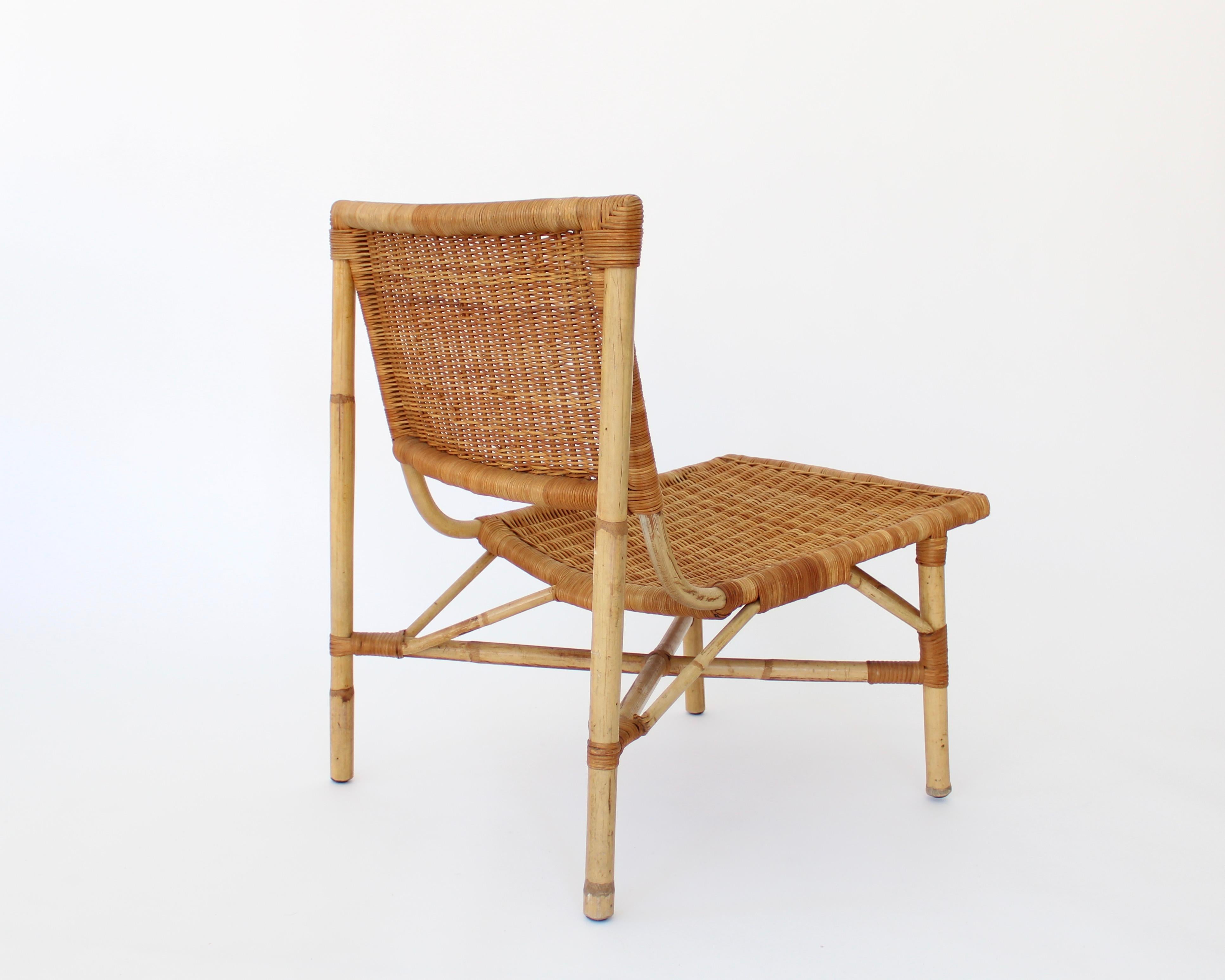 Jacques Dumond French Rattan and Bamboo Low Lounge Chairs  In Excellent Condition For Sale In Chicago, IL