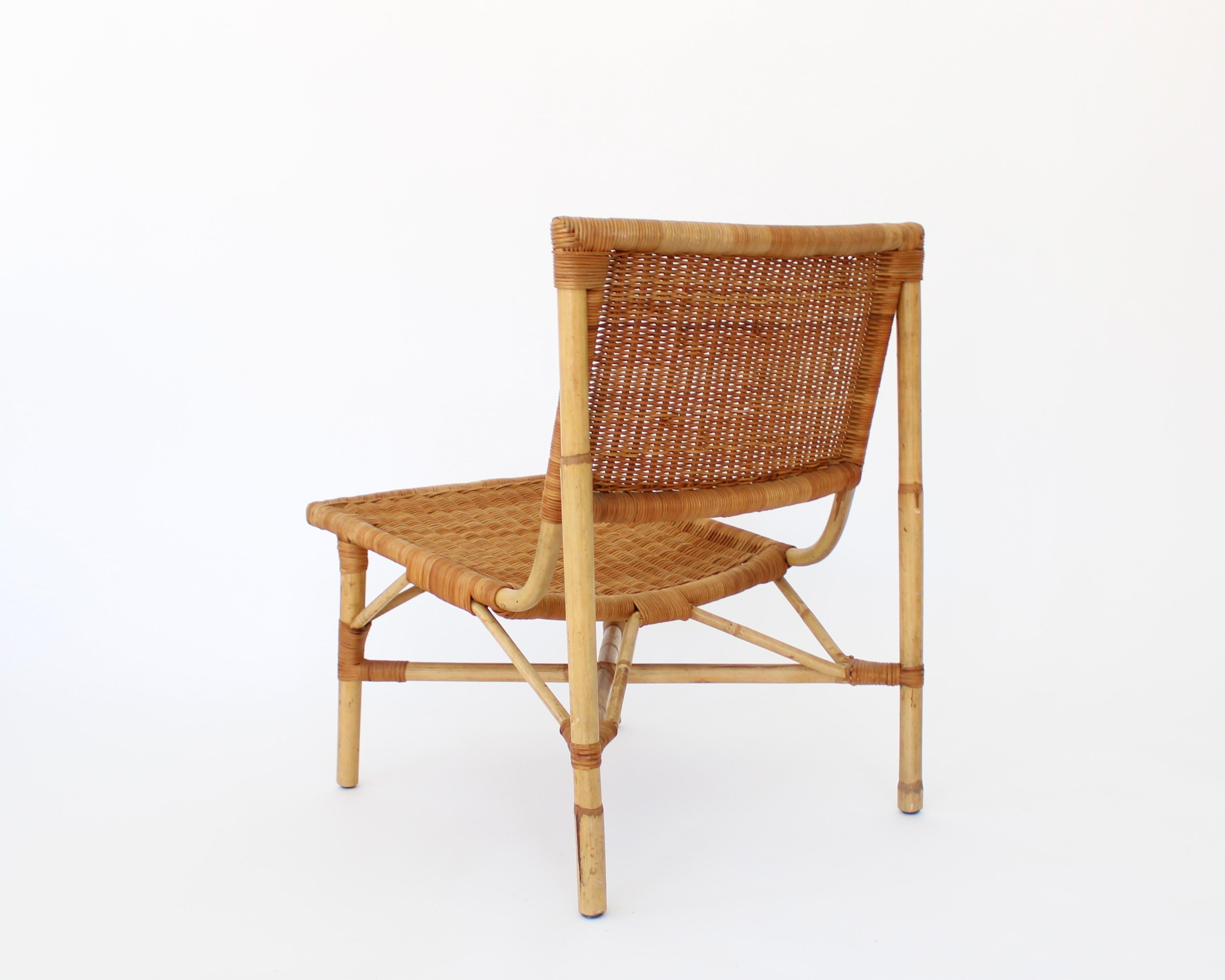 Jacques Dumond French Rattan and Bamboo Low Lounge Chairs  For Sale 1