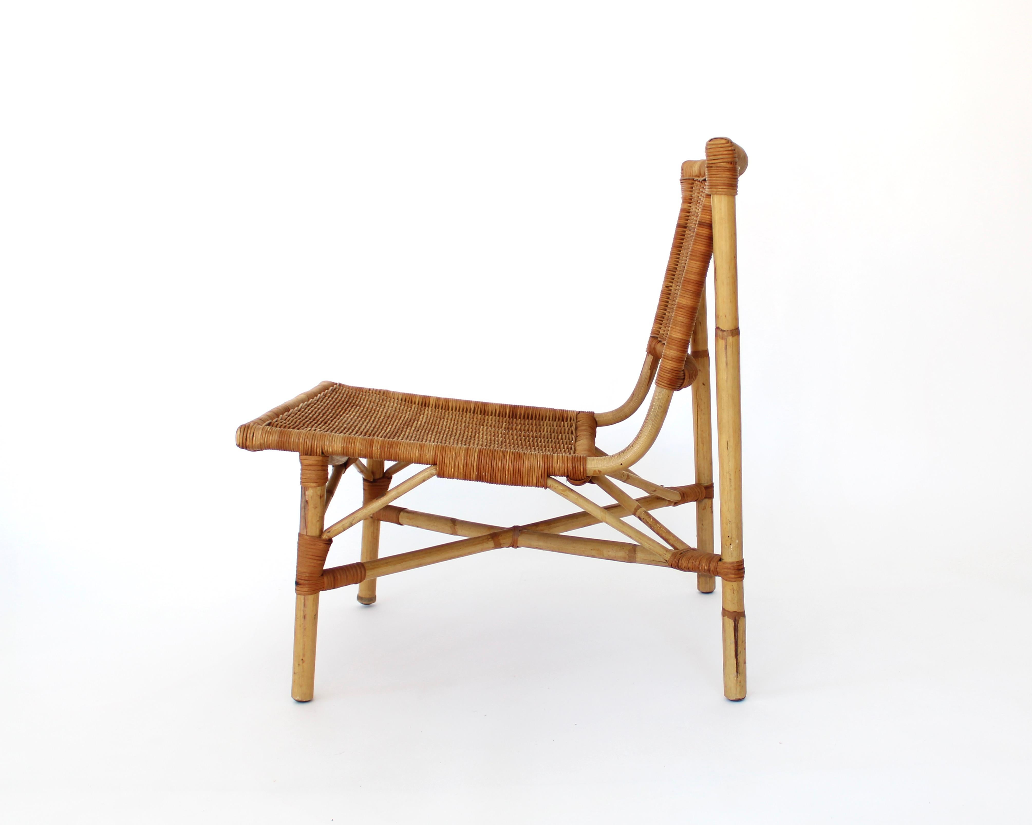 Jacques Dumond French Rattan and Bamboo Low Lounge Chairs  In Excellent Condition In Chicago, IL