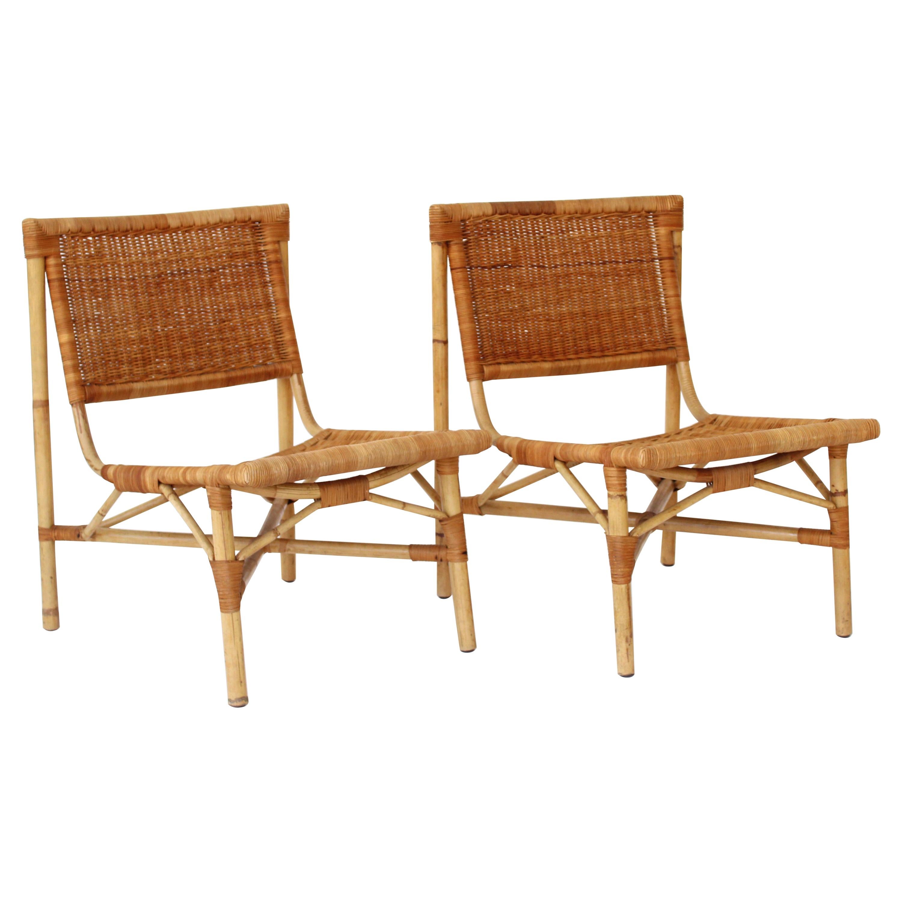 Jacques Dumond French Rattan and Bamboo Low Lounge Chairs  For Sale