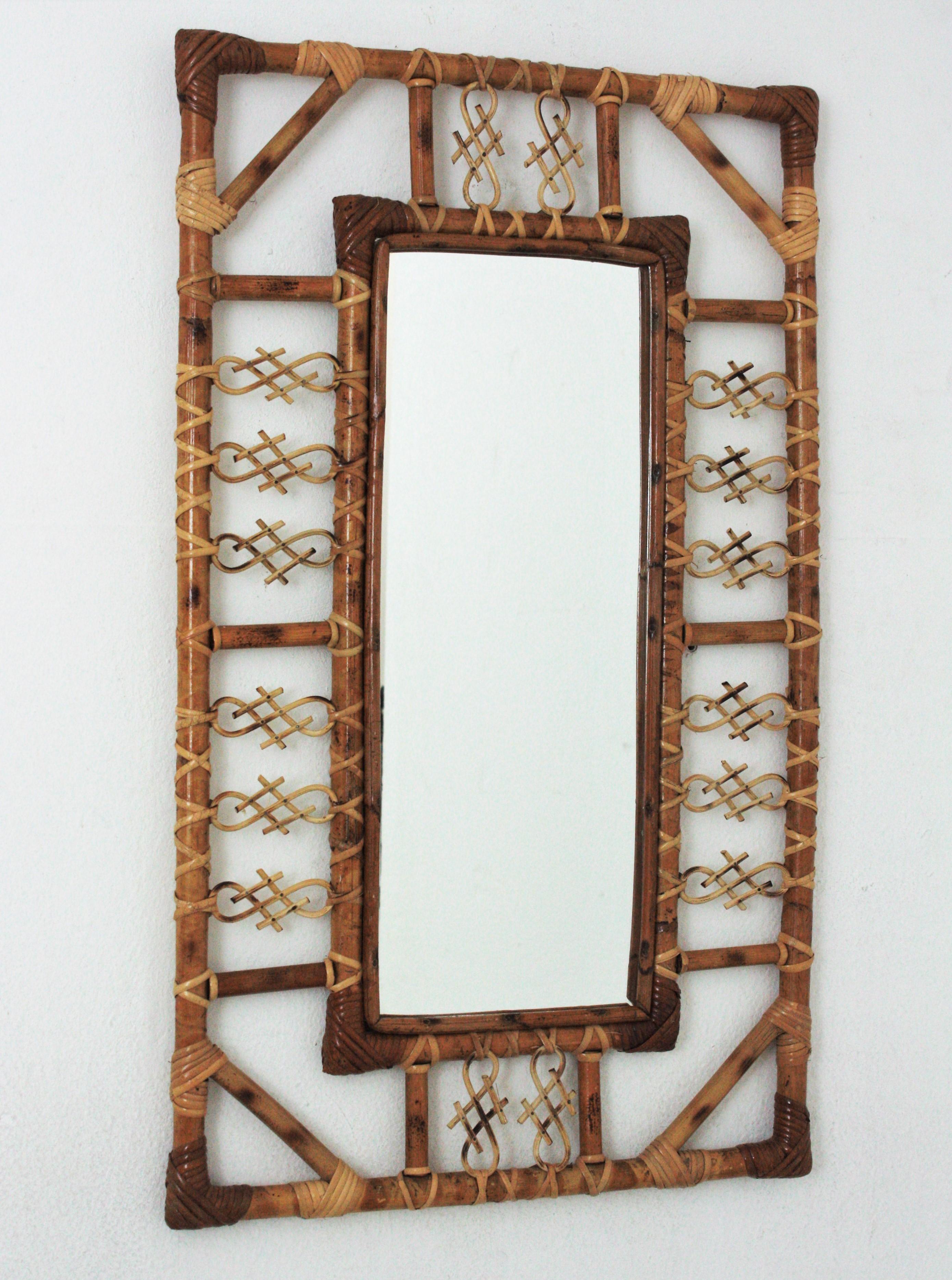 Mid-Century Modern French Rattan and Bamboo Mirror with Chinoiserie Motifs