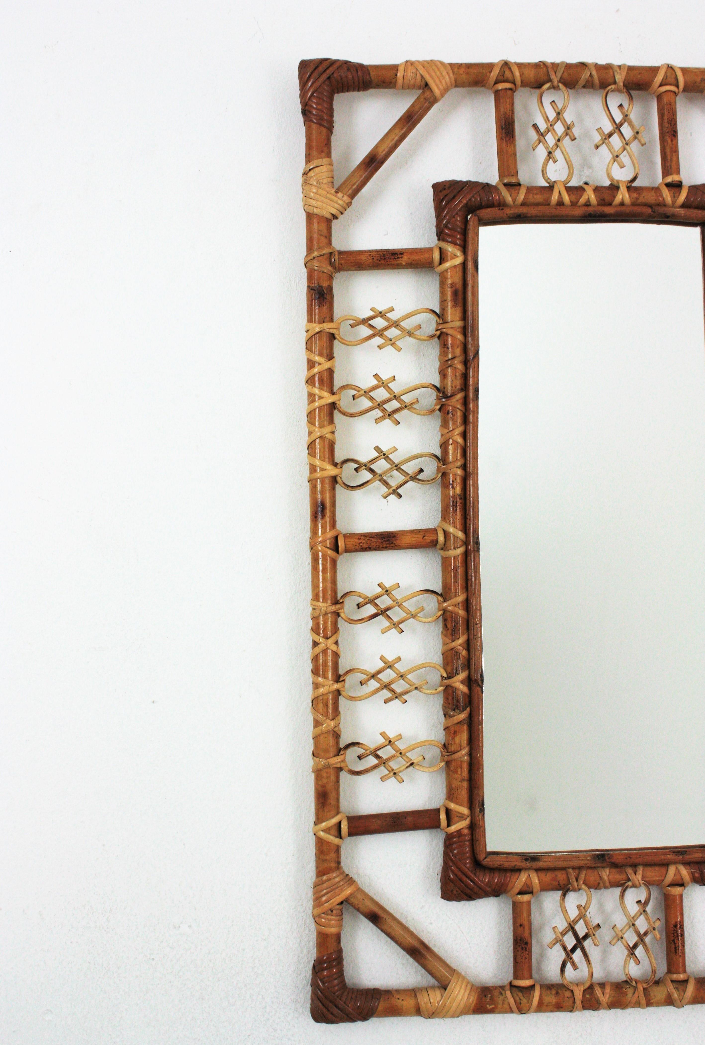 20th Century French Rattan and Bamboo Mirror with Chinoiserie Motifs