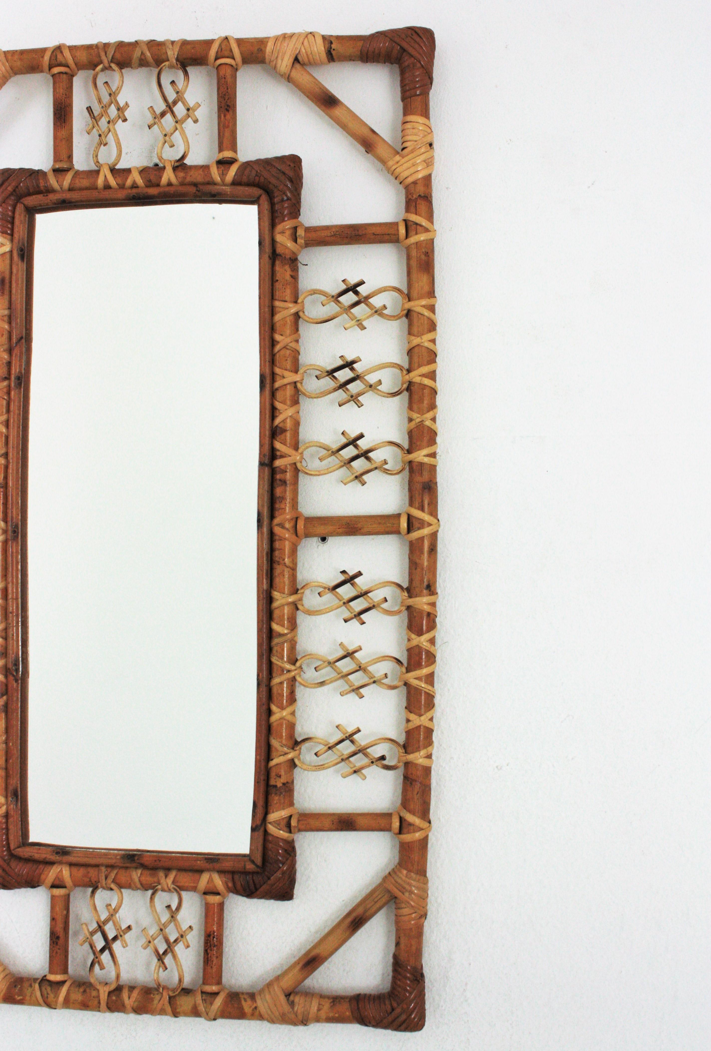 French Rattan and Bamboo Mirror with Chinoiserie Motifs 1