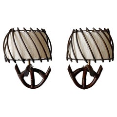 French Rattan and Bamboo Sconces in the Style of Louis Sognot