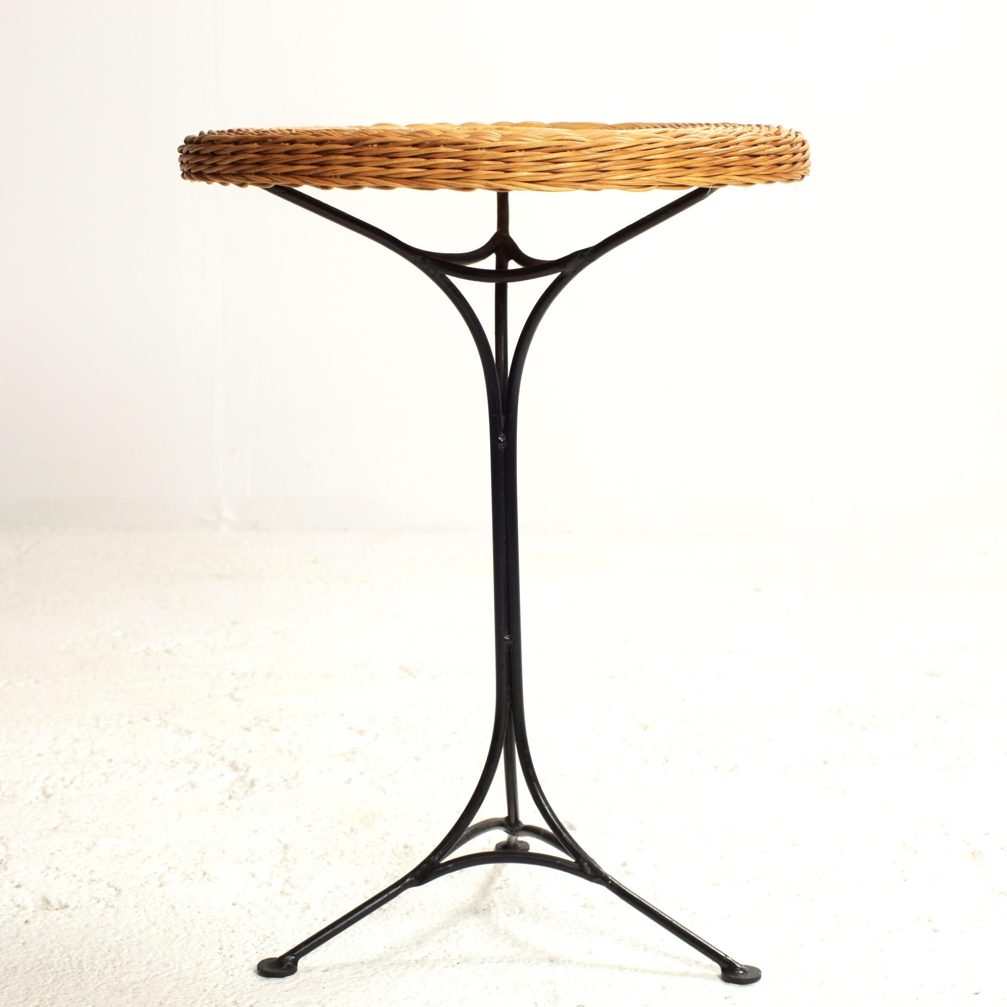 Mid-Century Modern French Rattan and Black Metal Gueridon or side table circa 1950 For Sale