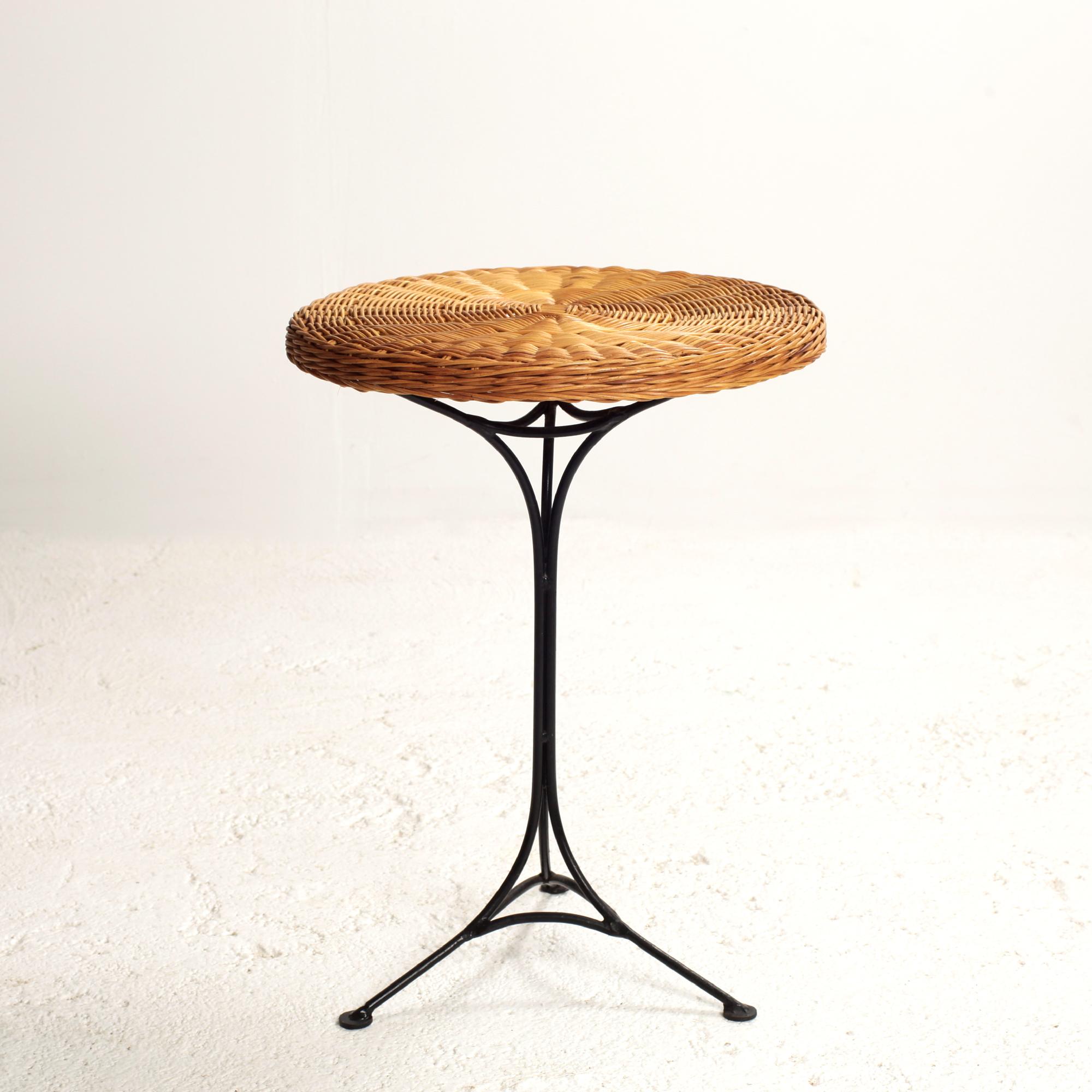 Mid-20th Century French Rattan and Black Metal Gueridon or side table circa 1950 For Sale