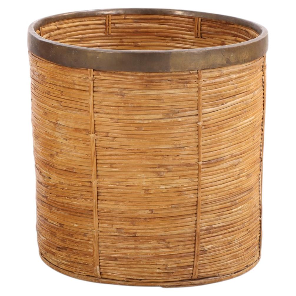 French Rattan and Brass Basket, C 1970