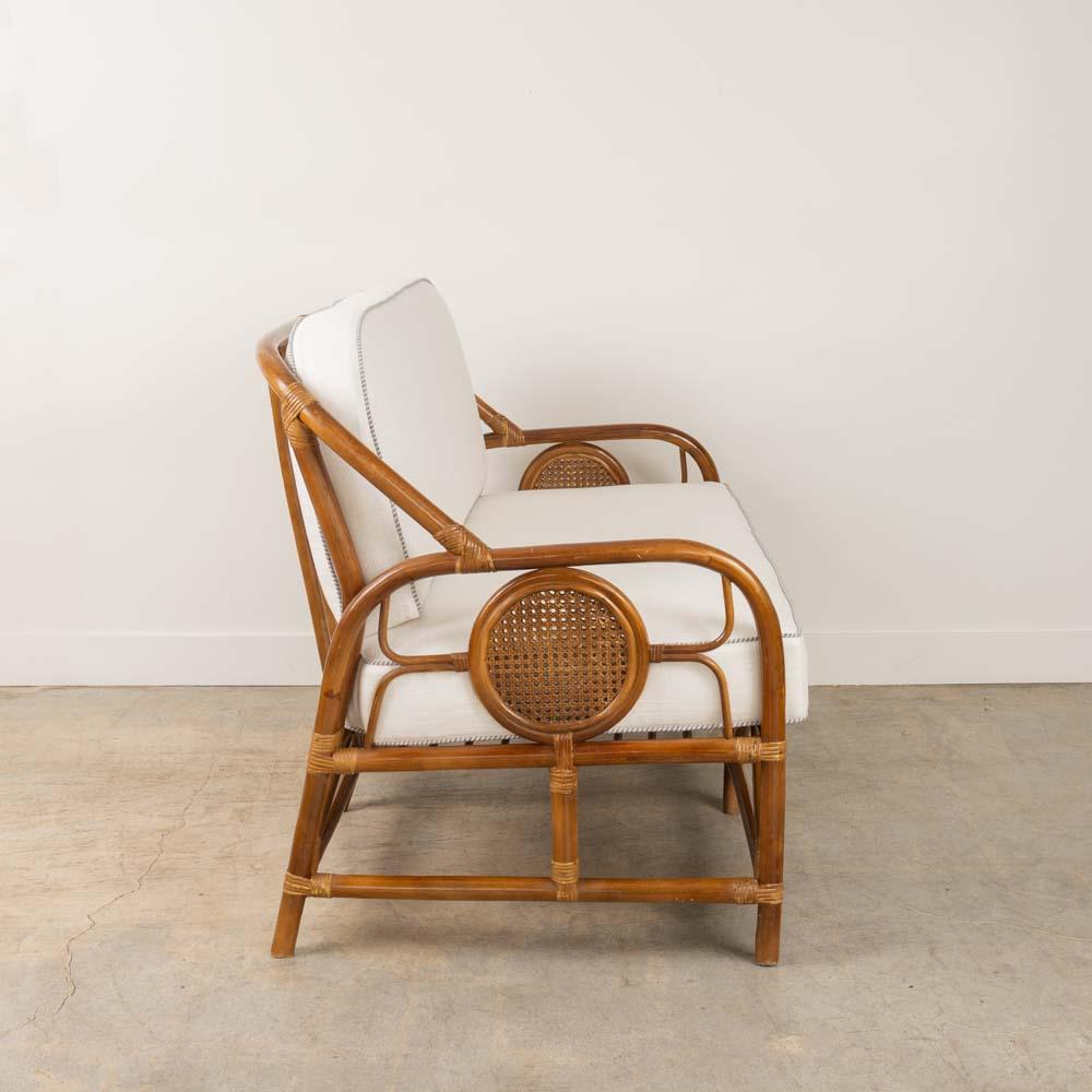 Cotton French Rattan and Cane Settee
