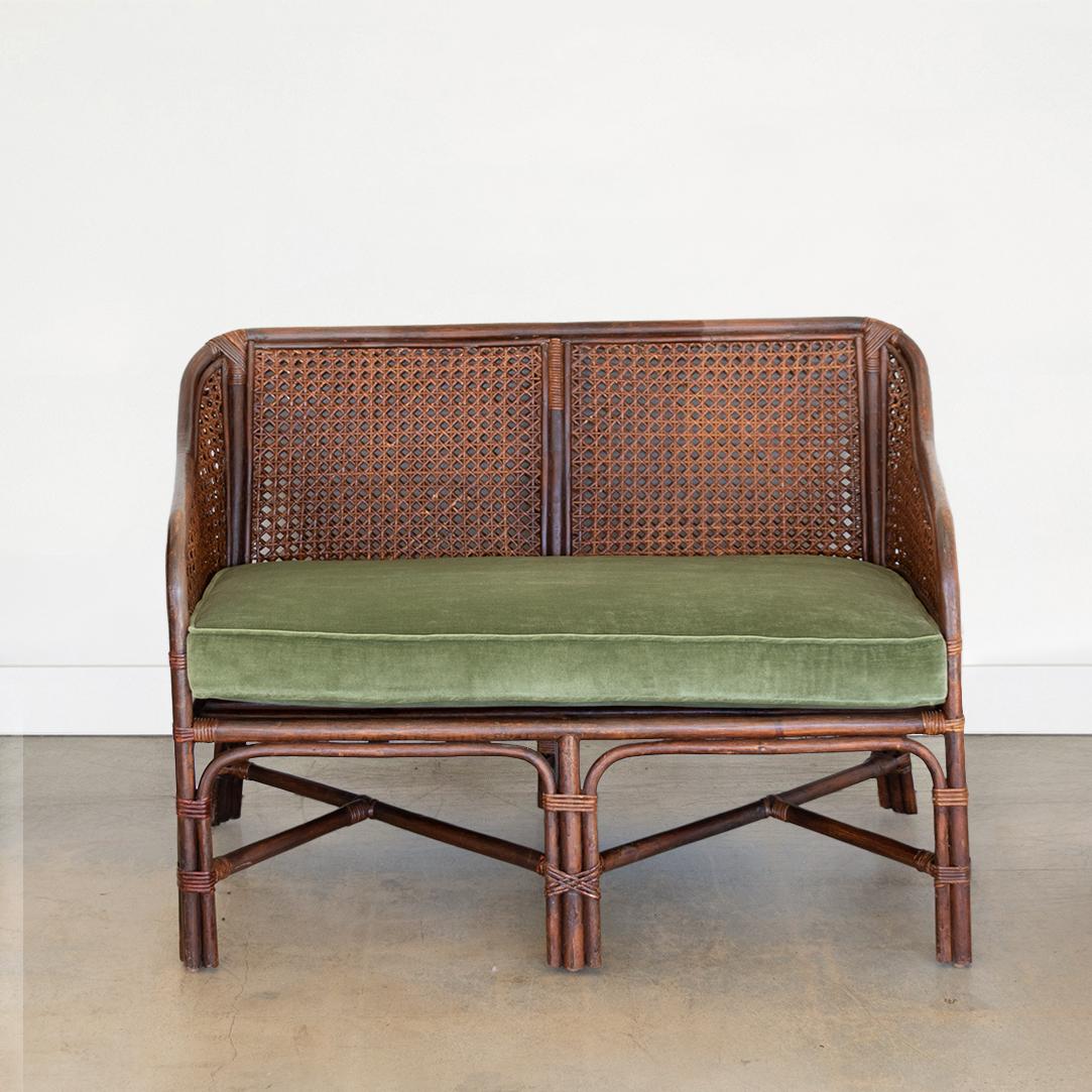 20th Century French Rattan and Cane Settee with Cushion