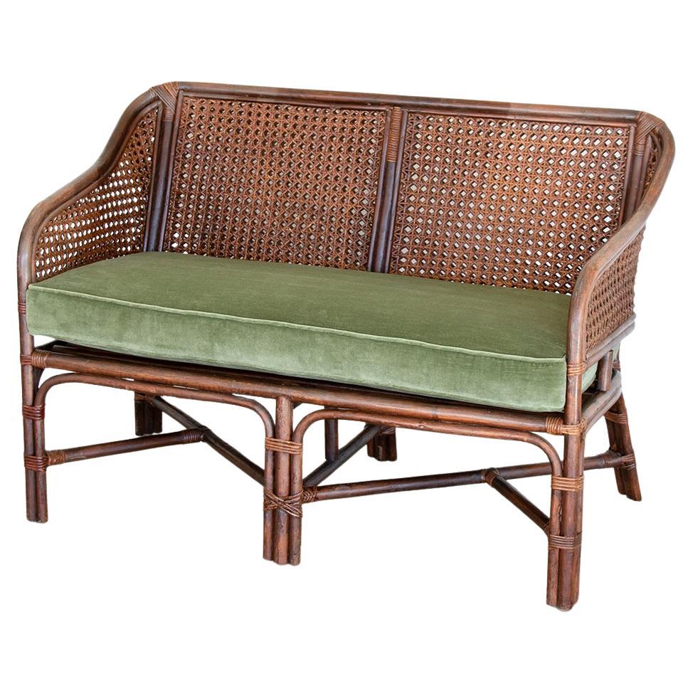 French Rattan and Cane Settee with Cushion