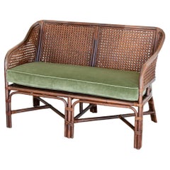 Vintage French Rattan and Cane Settee with Cushion