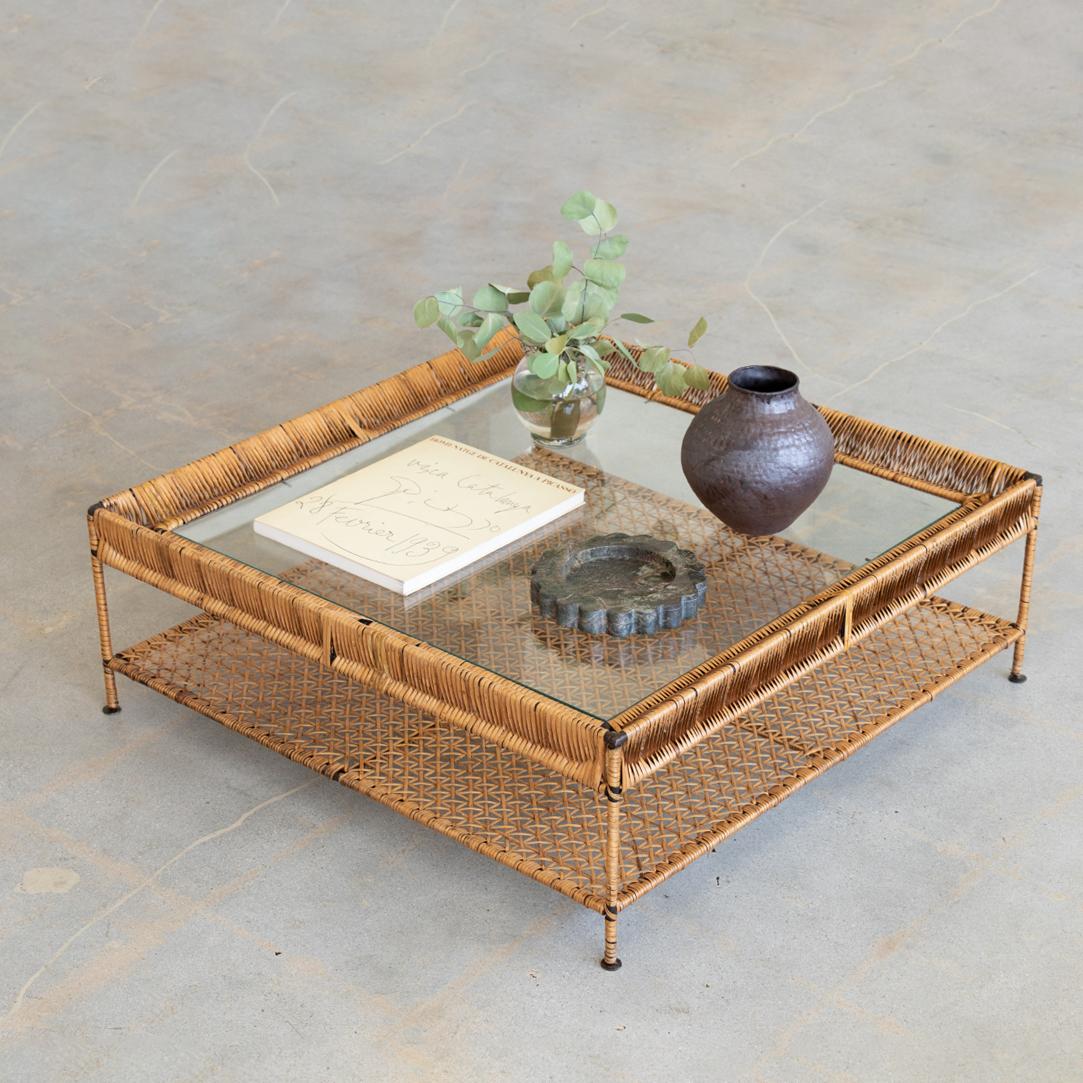 French Rattan and Glass Coffee Table In Good Condition In Los Angeles, CA