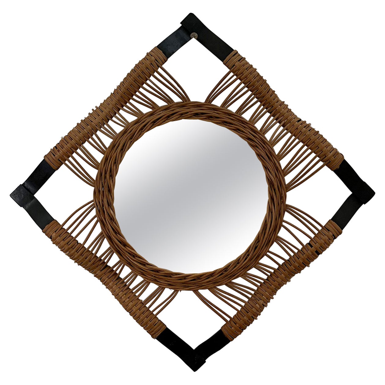 French Rattan and Iron Convex Mirror For Sale