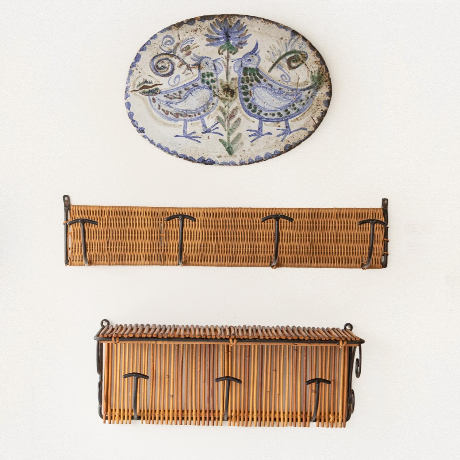 French Rattan and Iron Wall Hook with Shelf For Sale at 1stDibs