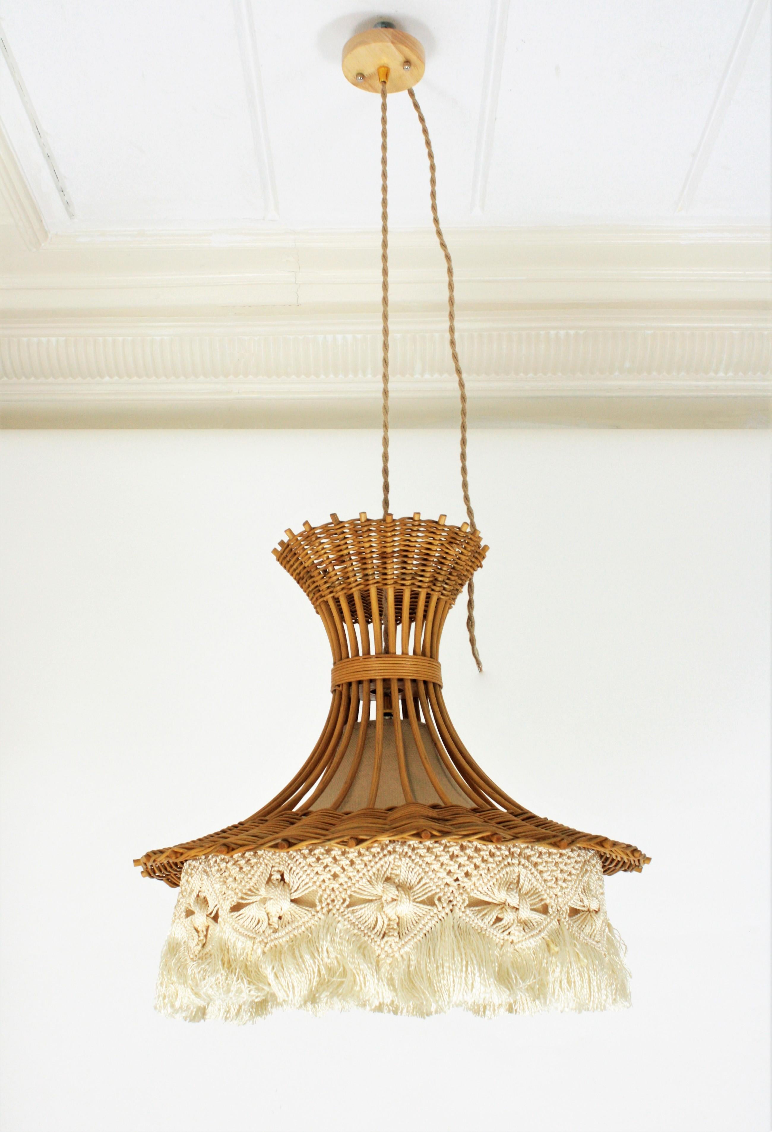 Cord French Rattan and Macrame Large Pendant Lamp / Hanging Light with Fringe