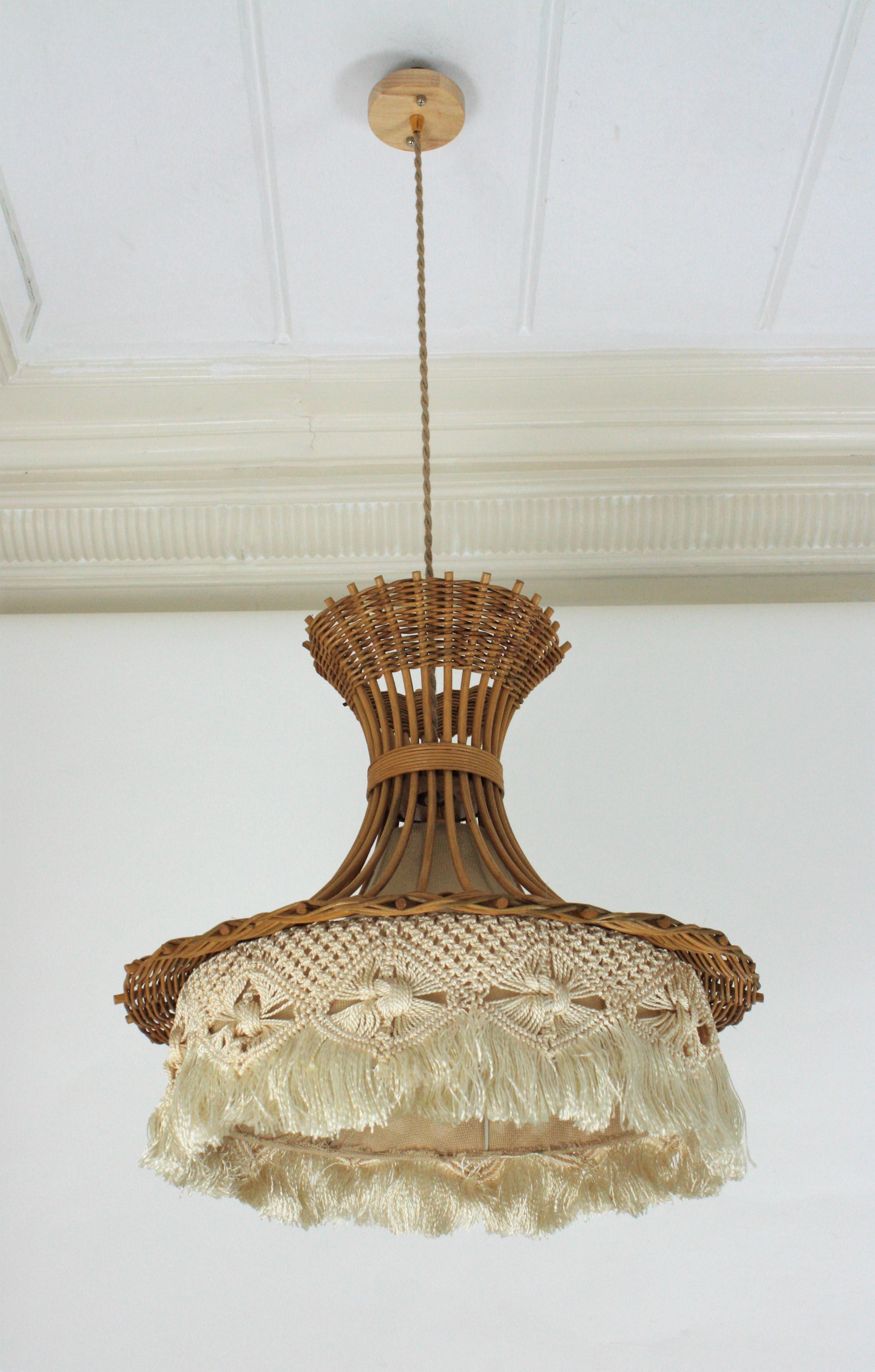 French Rattan and Macrame Large Pendant Lamp / Hanging Light with Fringe 1