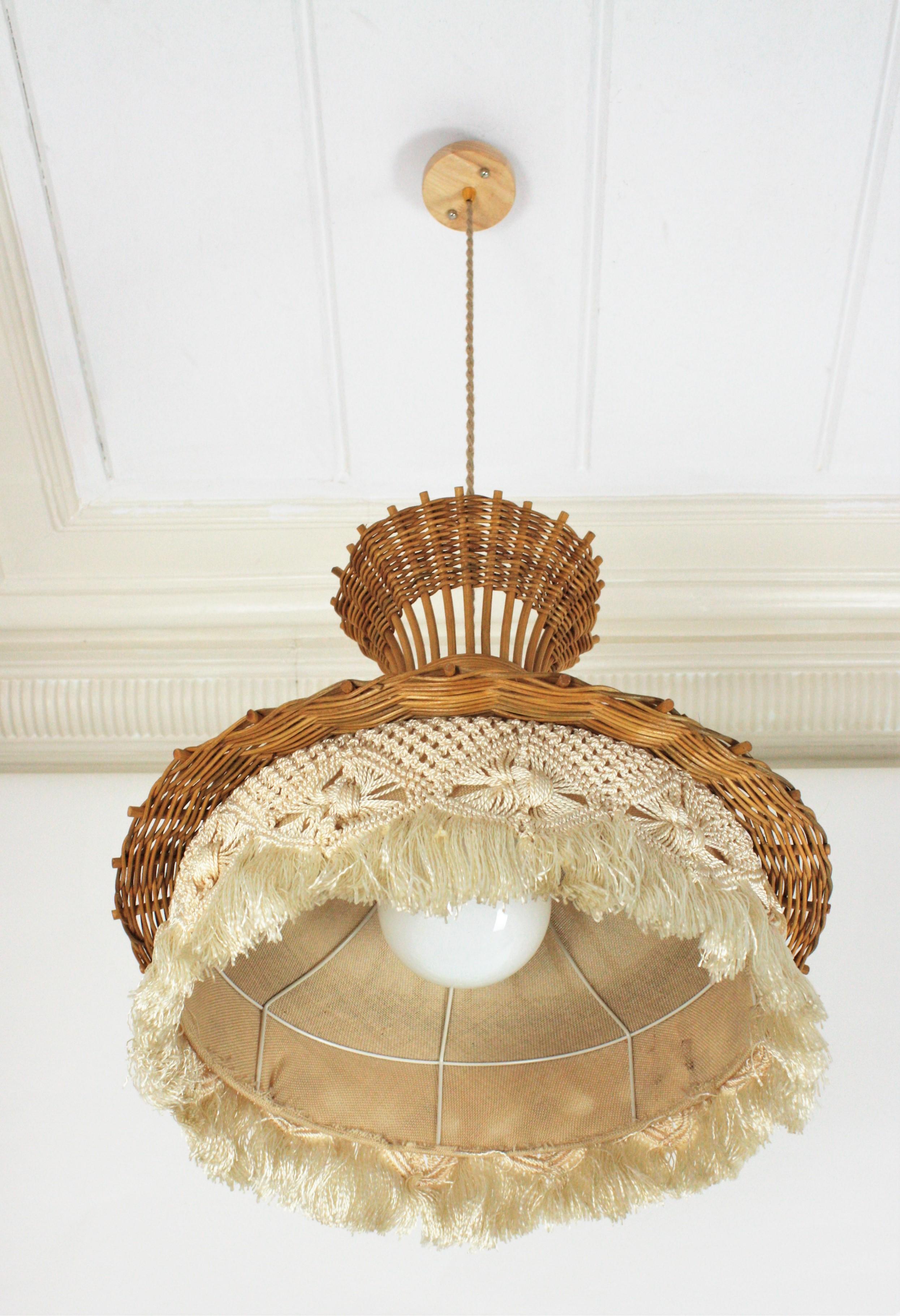 French Rattan and Macrame Large Pendant Lamp / Hanging Light with Fringe 2