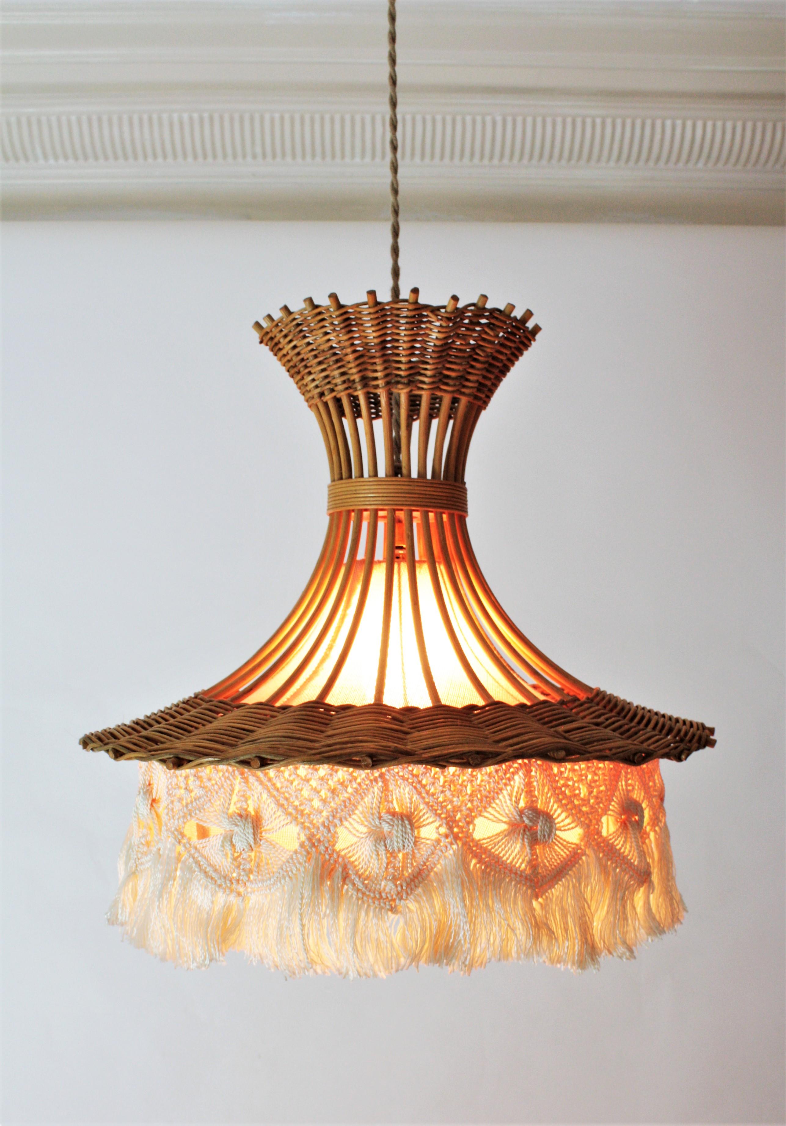 French Rattan and Macrame Large Pendant Lamp / Hanging Light with Fringe 4