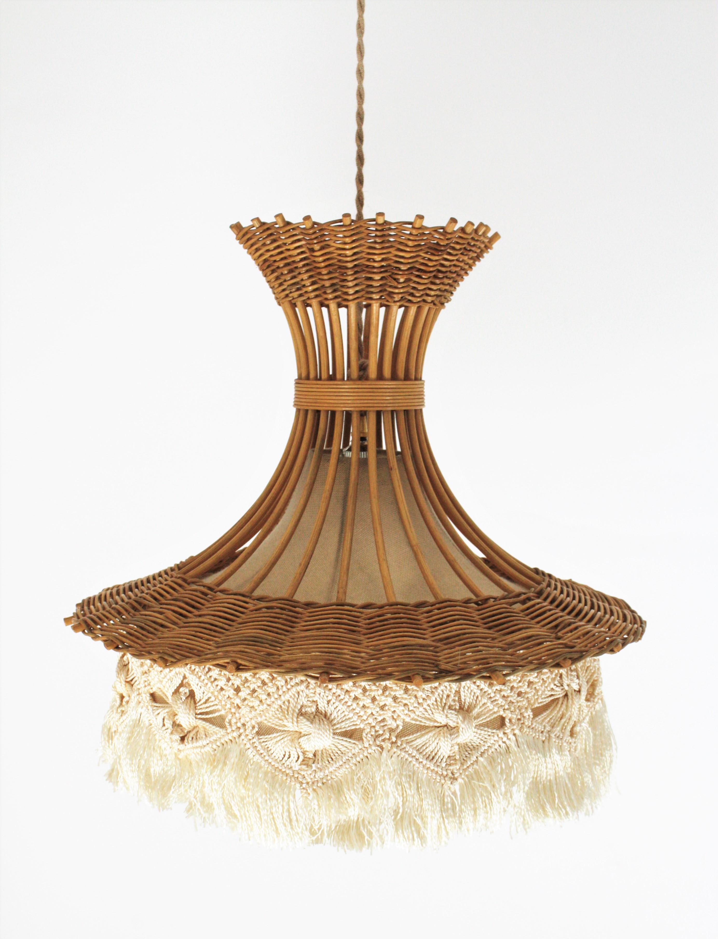 Bohemian French Rattan and Macrame Large Pendant Lamp / Hanging Light with Fringe