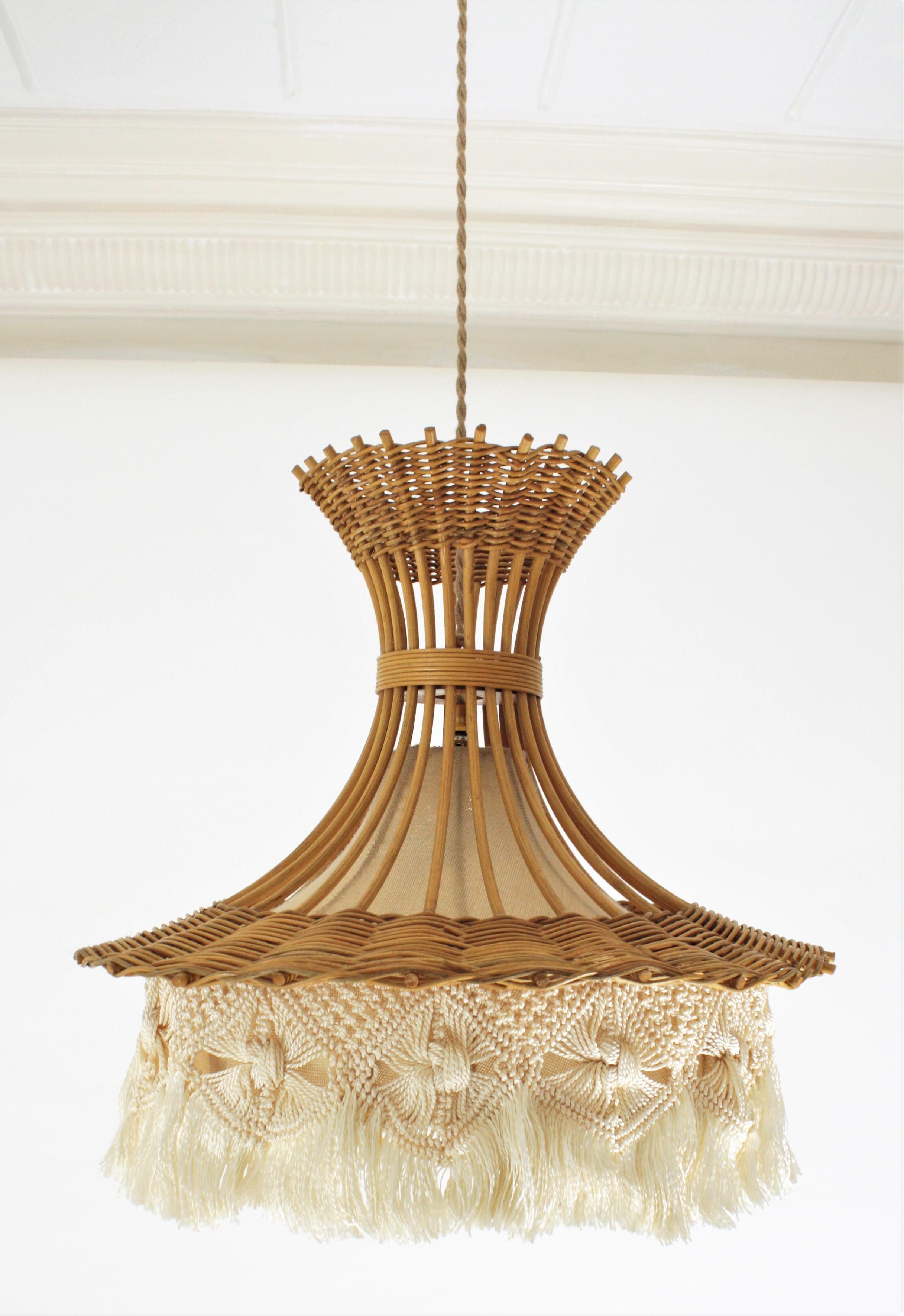 20th Century French Rattan and Macrame Large Pendant Lamp / Hanging Light with Fringe