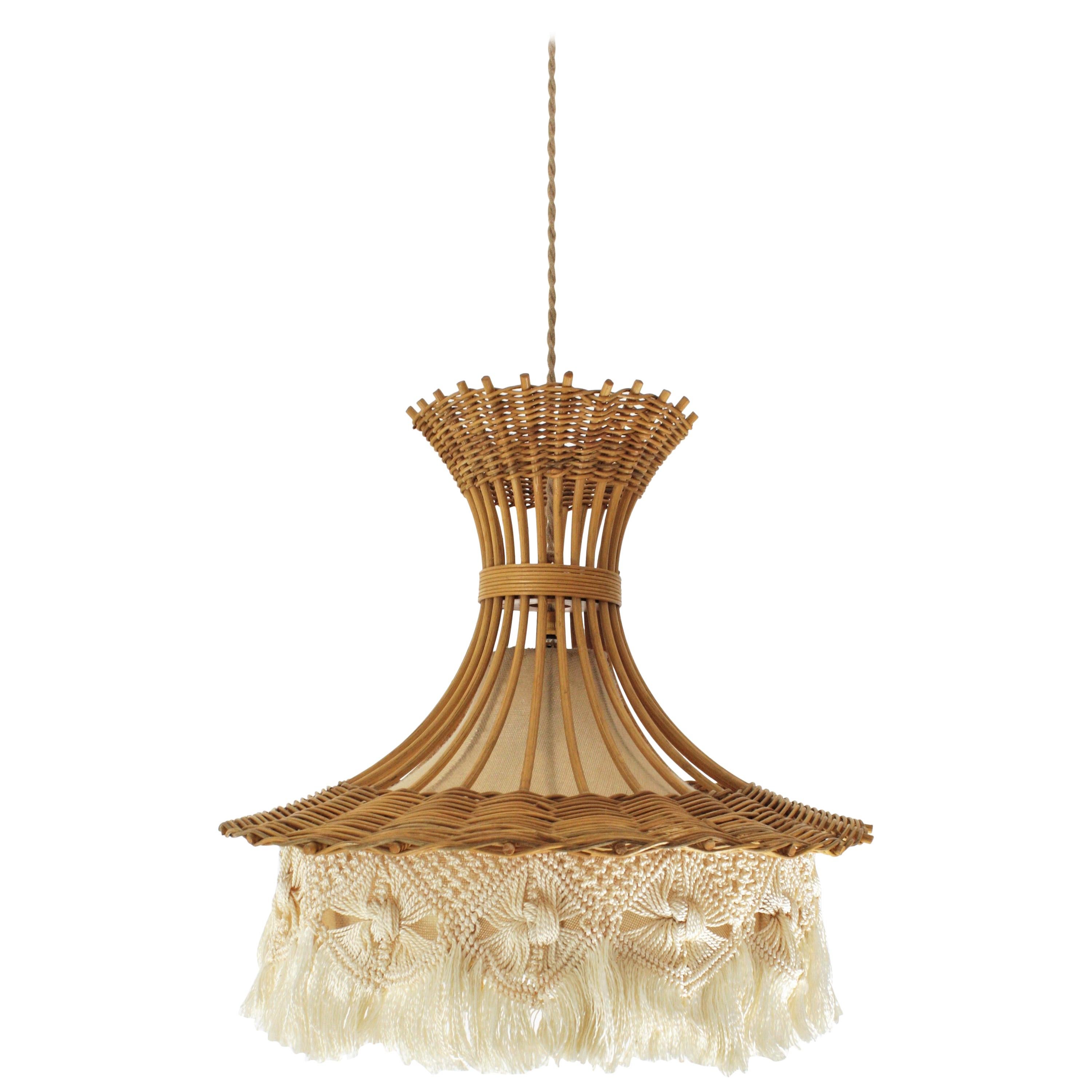 French Rattan and Macrame Large Pendant Lamp / Hanging Light with Fringe