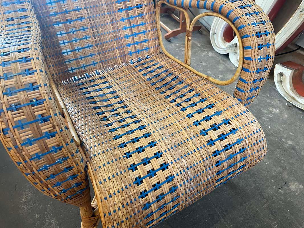 French Rattan Armchair with Ottoman, Art Nouveau 9
