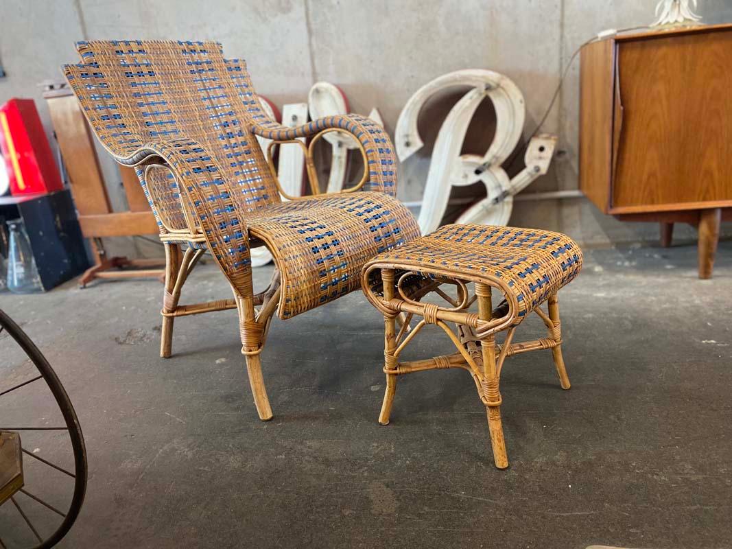 Early 20th Century French Rattan Armchair with Ottoman, Art Nouveau