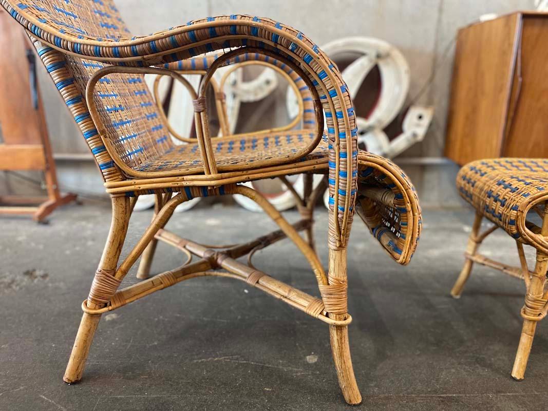 French Rattan Armchair with Ottoman, Art Nouveau 2
