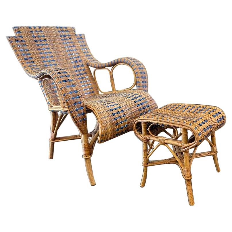 French Rattan Armchair with Ottoman, Art Nouveau