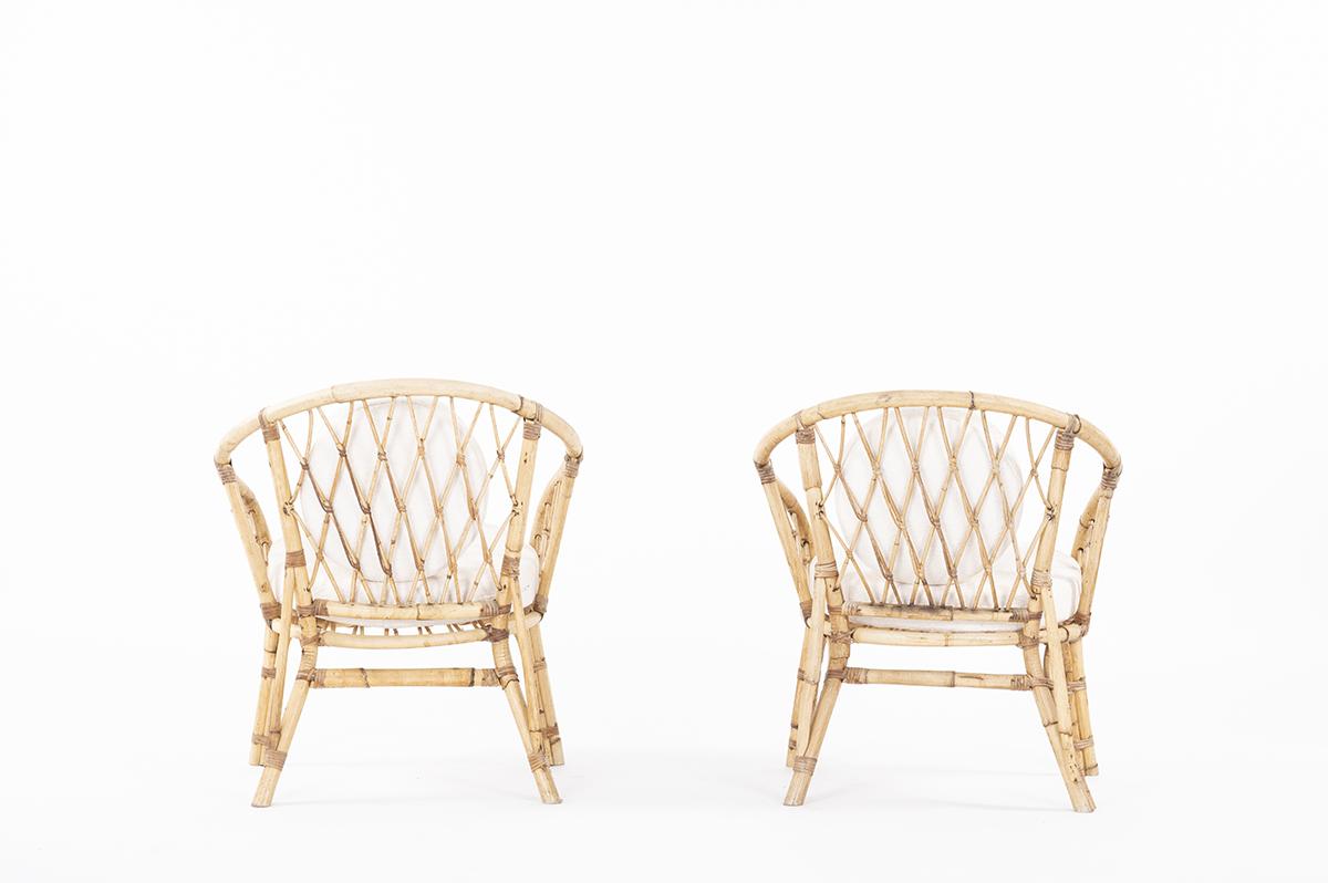 French Rattan Armchairs with Beige Boucle Fabric, 1950 In Good Condition In JASSANS-RIOTTIER, FR