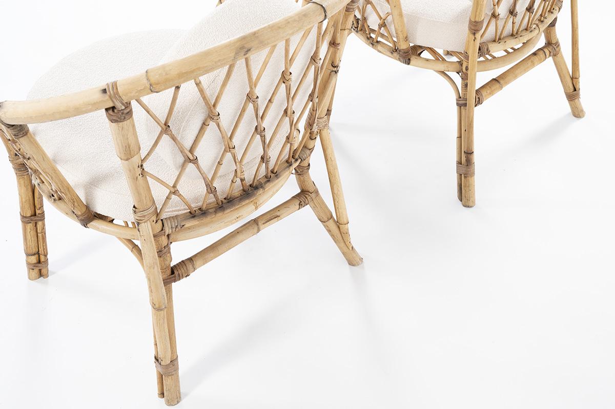 20th Century French Rattan Armchairs with Beige Boucle Fabric, 1950